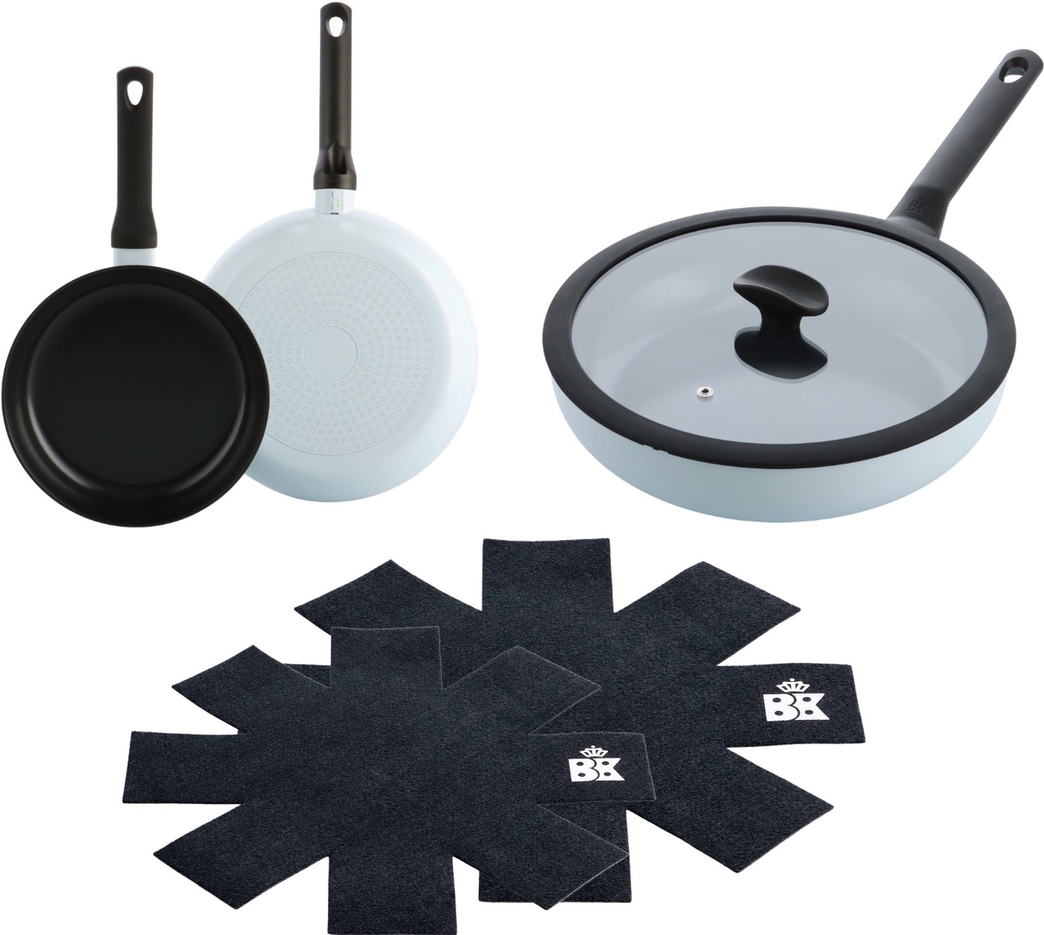 BK Enjoy Pannenset 3-delig - Koekenpan 24/28cm - Hapjespan met deksel 28cm/3.4L - PFAS-vrije antikleeflaag - Pannenset inductie - Keramische pan - Ovenbestendig tot 160°C - Koudgrepen - Met Pan protectors - Lichtblauw