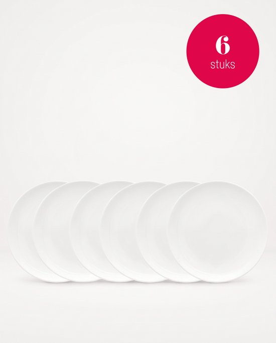Six assiettes à petit-déjeuner rondes en porcelaine blanche, 18 cm. Cercle rouge avec '6 pièces'.