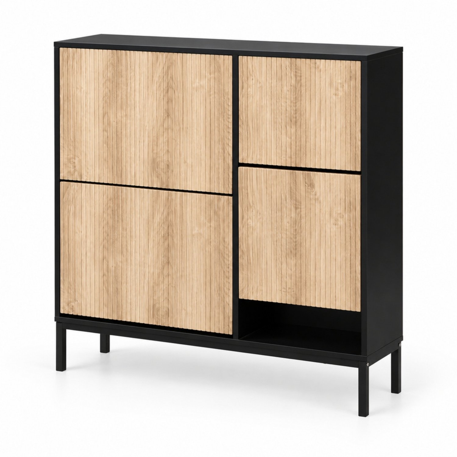 LONG DRAGON - Schoenenkast met uittrekbare zitbank - 3 kleppen - Zwart/Naturel - 100 x 25 x 100 cm