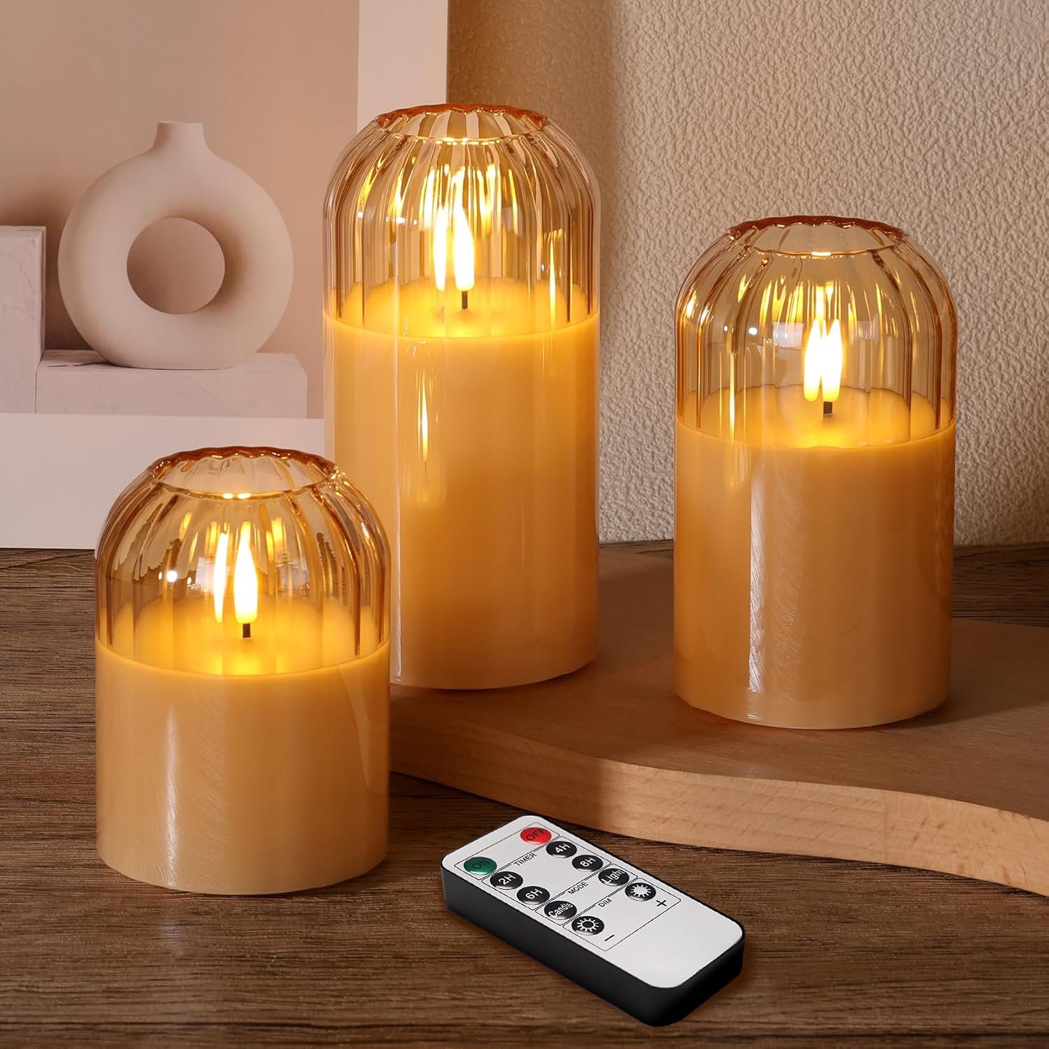 Goudglas vlamloze kaarsen met afstandsbediening, echte wax flikkerende batterij led pijler kaarsen set van 3