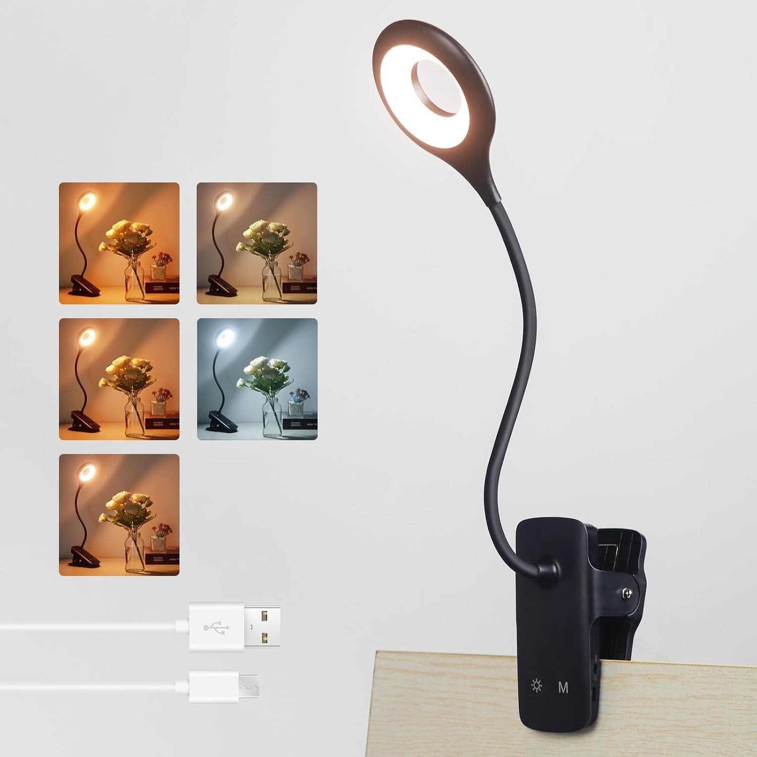 Oplaadbare Clip-on Leeslamp met Type C Oplaadfunctie, 5 Kleuren, 5 Helderheidsinstellingen en Dimbare Touch Control voor Flexibel Gebruik, Ideaal voor Thuis en Op Reis