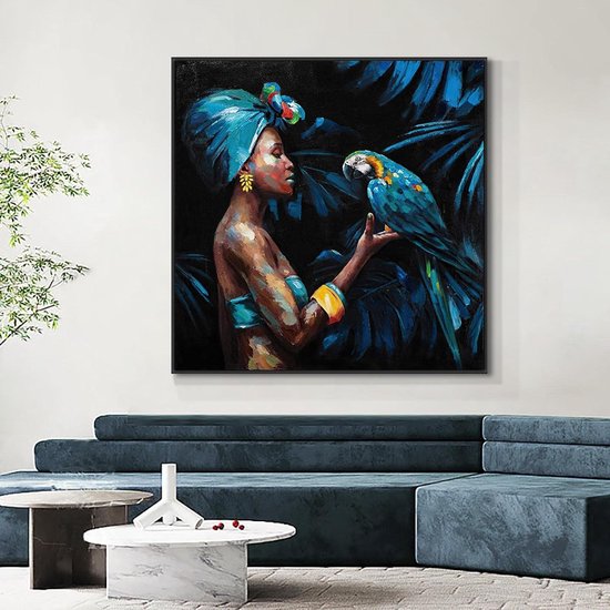 Vintage Afrikaanse Vrouw Papegaai Canvas Schilderen Prints Wall Art Abstracte Foto Voor Woonkamer Interieur Decoratie poster 70x70cm Frameless — afbeelding 4