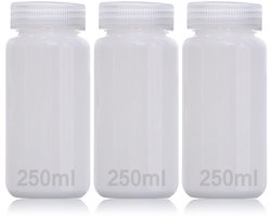 DKBT 3 stuks flessen met brede hals, kunststof, 250 ml, lege laboratoriumfles, lekvrij, transparant, van HDPE-fles met brede opening voor pillenflesse