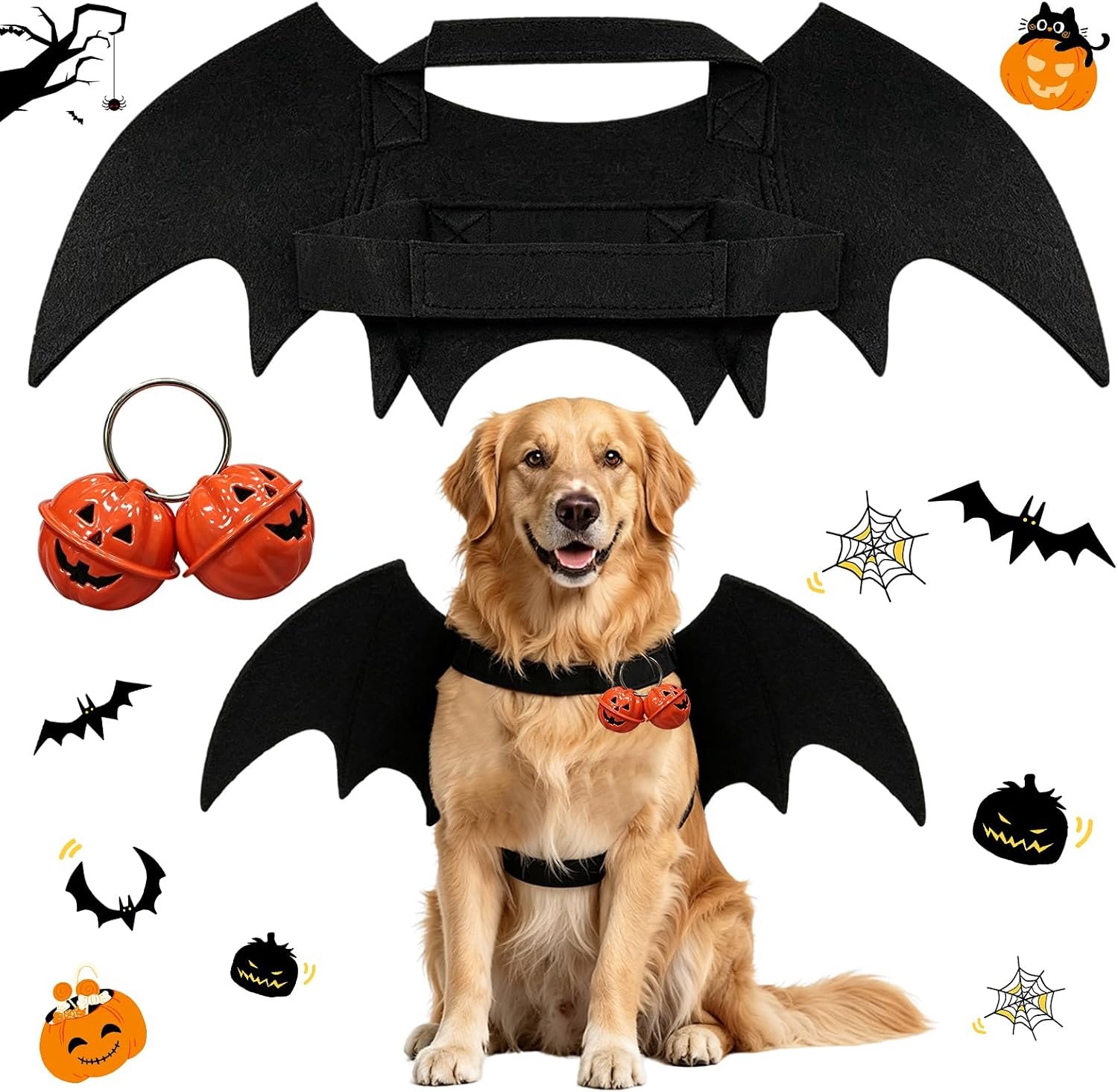 Halloweenkostuum voor honden, vleermuis, zwart, hondenkostuum, Halloween, inclusief vleermuisvleugels, hond en pompoenbelletjes, voor huisdieren, Halloween, cosplay, XL
