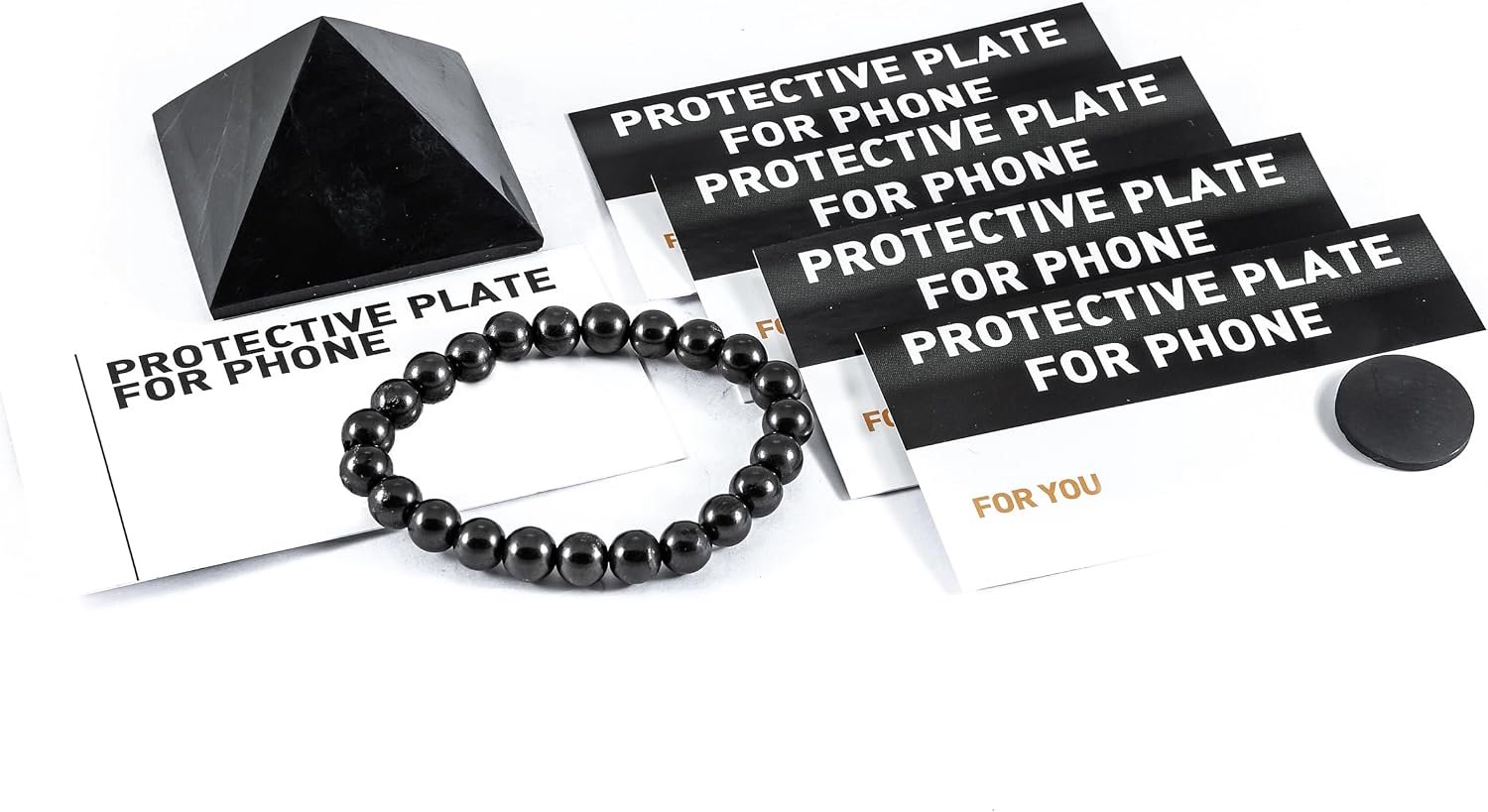 SN NATURSTEIN UG - Shungite Set gepolijst piramide 5 cm, 5 x Shungite plaat voor mobiele telefoons rond en gepolijst, armband"Galaxie" | Edelsteen uit Karelië