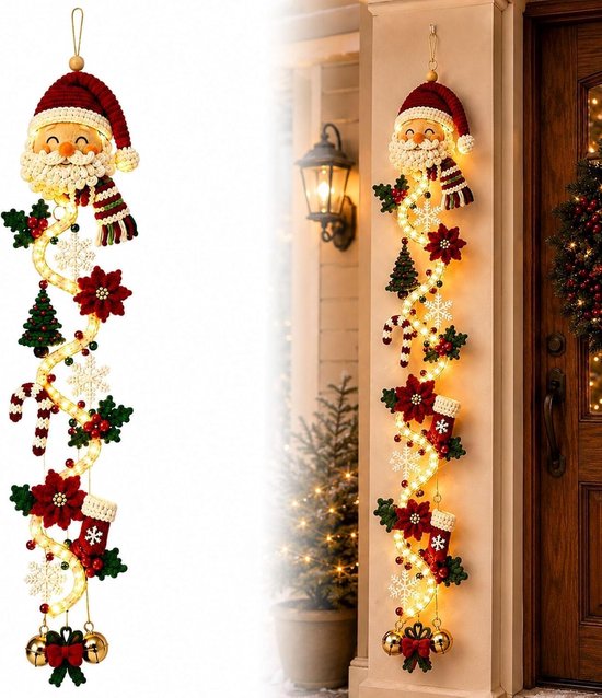 Verlichte deurhanger met kerstman, dennenboom, suikerstok en rode kerststerren.