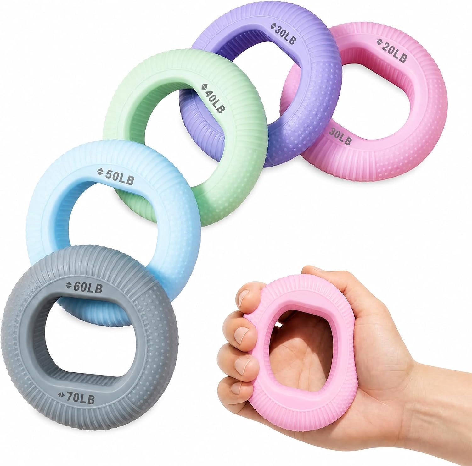 Handtrainer, set van 5, greepkrachttrainer, 20–80 lbs / 9-36 kg weerstand, vingertrainer ter versterking van handkracht, onderarm en vingerkracht, voor fitness, revalidatie en klimmen