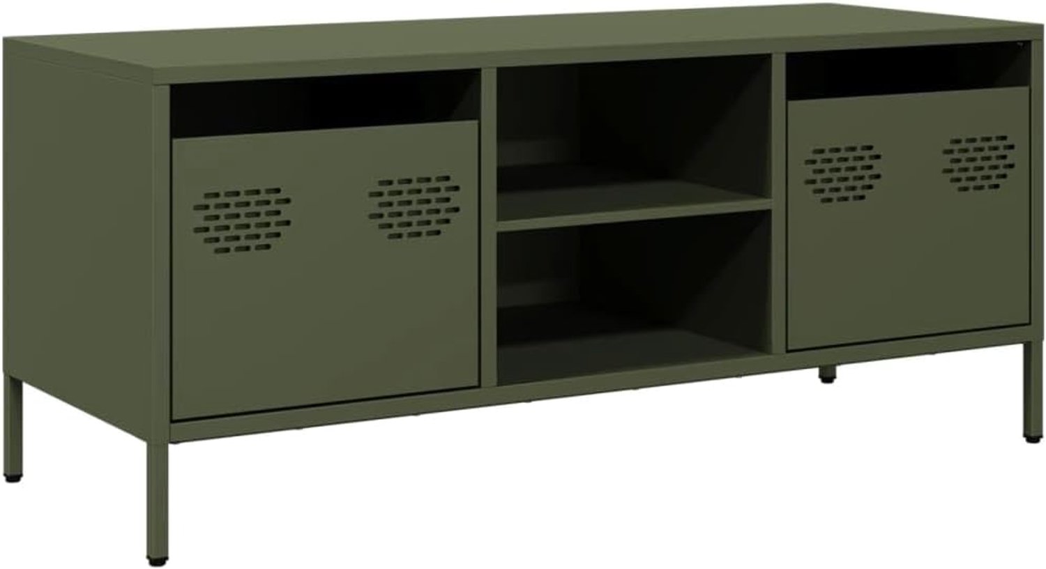 TV-kast olijfgroen van koudgewalst staal, 101,5 x 39 x 43,5 cm, met 2 vakken en 2 laden, verstelbare stelpoten, industriële stijl voor woonkamer
