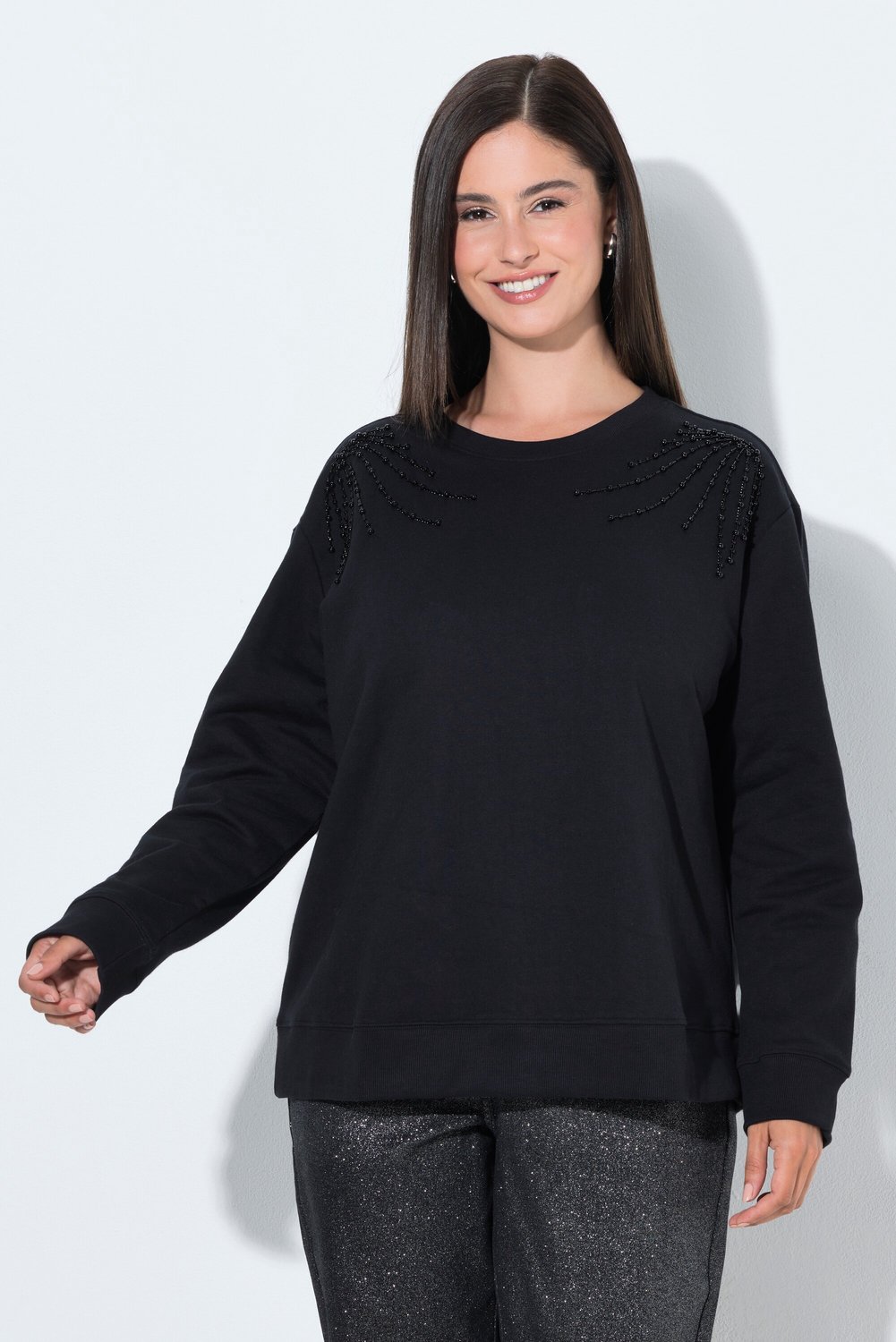 Ulla Popken - Dames - Sweatshirt borduursel met sierkralen ronde hals - Zwart - Maat 58+
