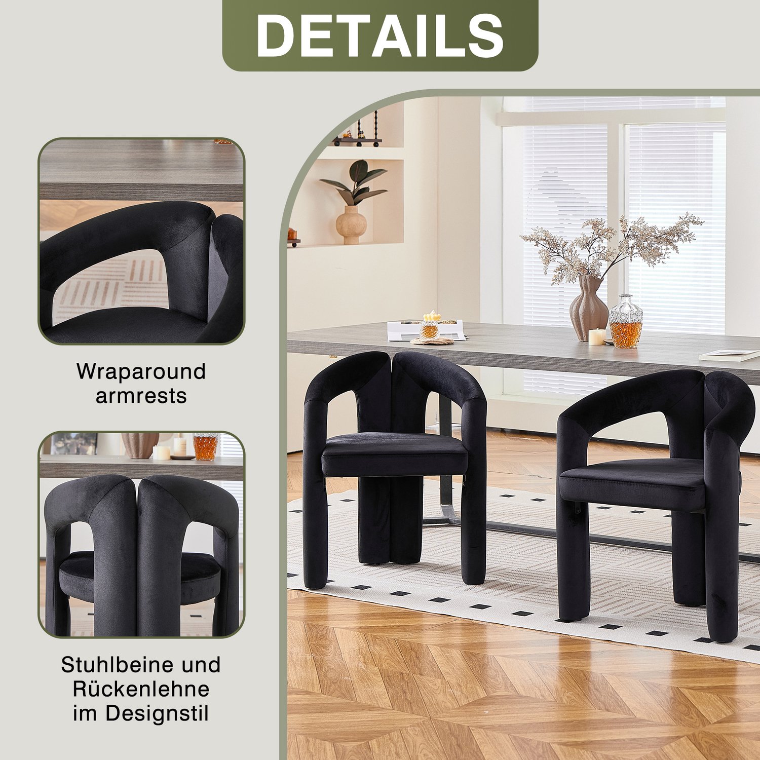 DESMIU Eetkamerstoel - Set Van 2 - Moderne Kuipstoel Met Armleuningen - Voor Eetkamer Woonkamer En Kantoor - Velvet Zwart - 150 Kg