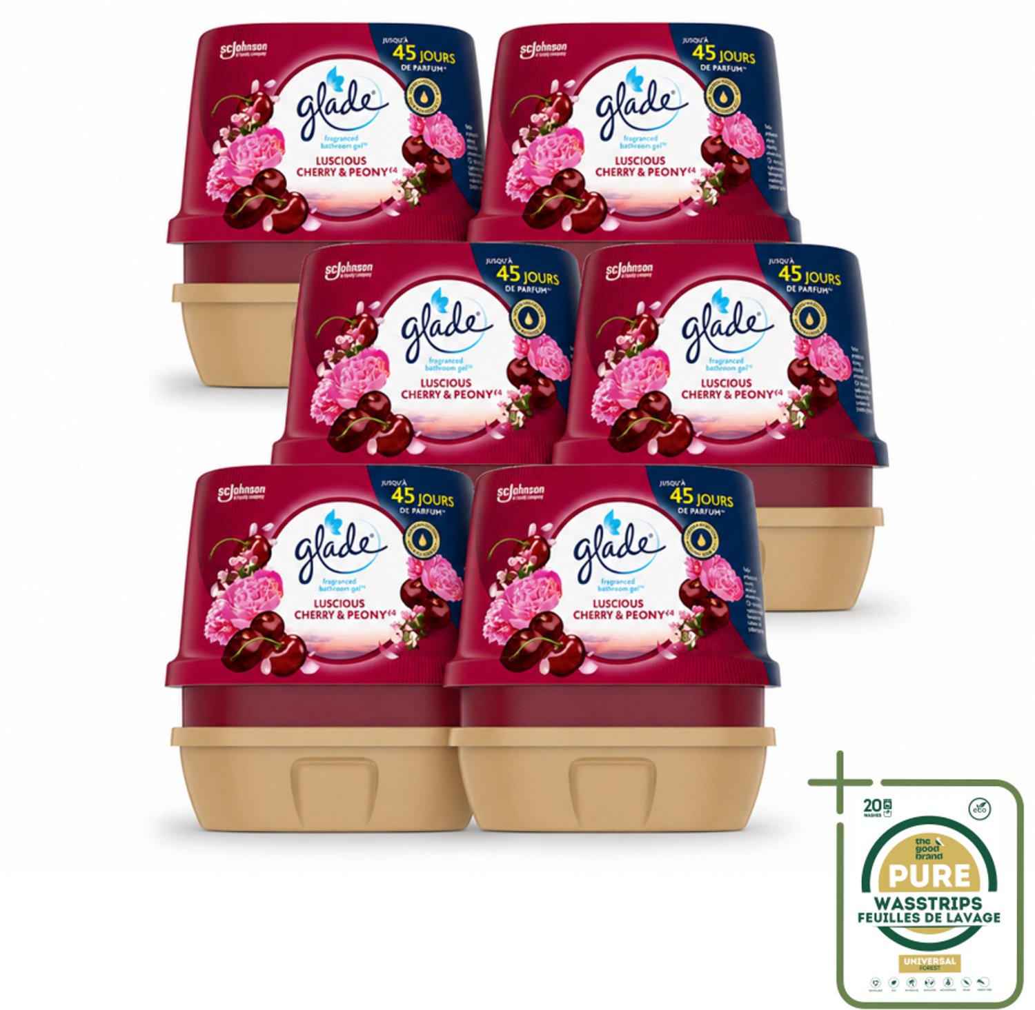 6 x Glade - Badkamer Gel - Luscious Kers & Pioenroos - 180 g - Wasstrips - Badkamer Geur - Luchtverfrisser - Bloemige Geur - Frisse Geur - Geur Gel