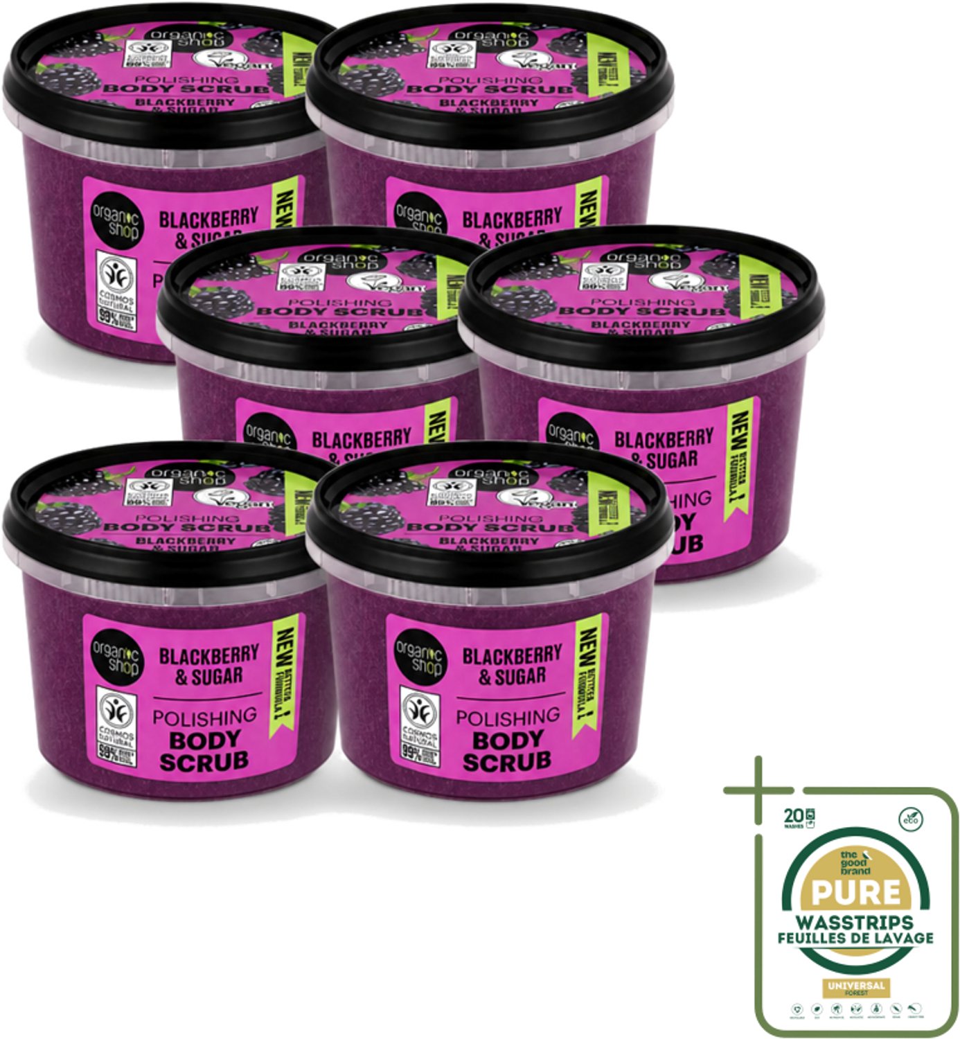 6 x Organic Shop - Body Scrub Blackberry - Verfrissend en Hydraterend - 250 ml - Wasstrips - Bodyscrub - Exfoliatie - Huidverzorging - Natuurlijke Peeling - Organische Peeling