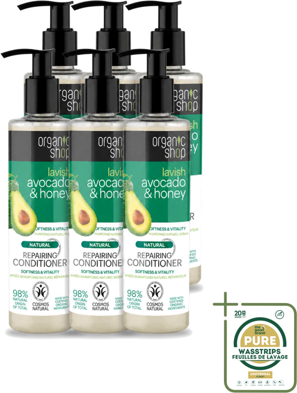 6 x Organic Shop - Natural Repairing Conditioner - Avocado & Honey - 280 ml - Wasstrips - Herstel Haar - Voeding Haar - Beschadigd Haar - Natuurlijke Conditioner - Avocado En Honing