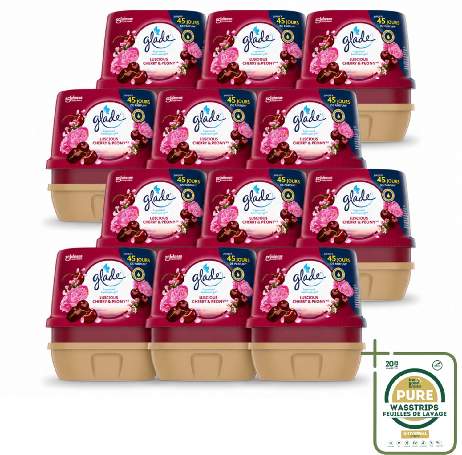 12 x Glade - Badkamer Gel - Luscious Kers & Pioenroos - 180 g - Wasstrips - Badkamer Geur - Luchtverfrisser - Bloemige Geur - Frisse Geur - Geur Gel