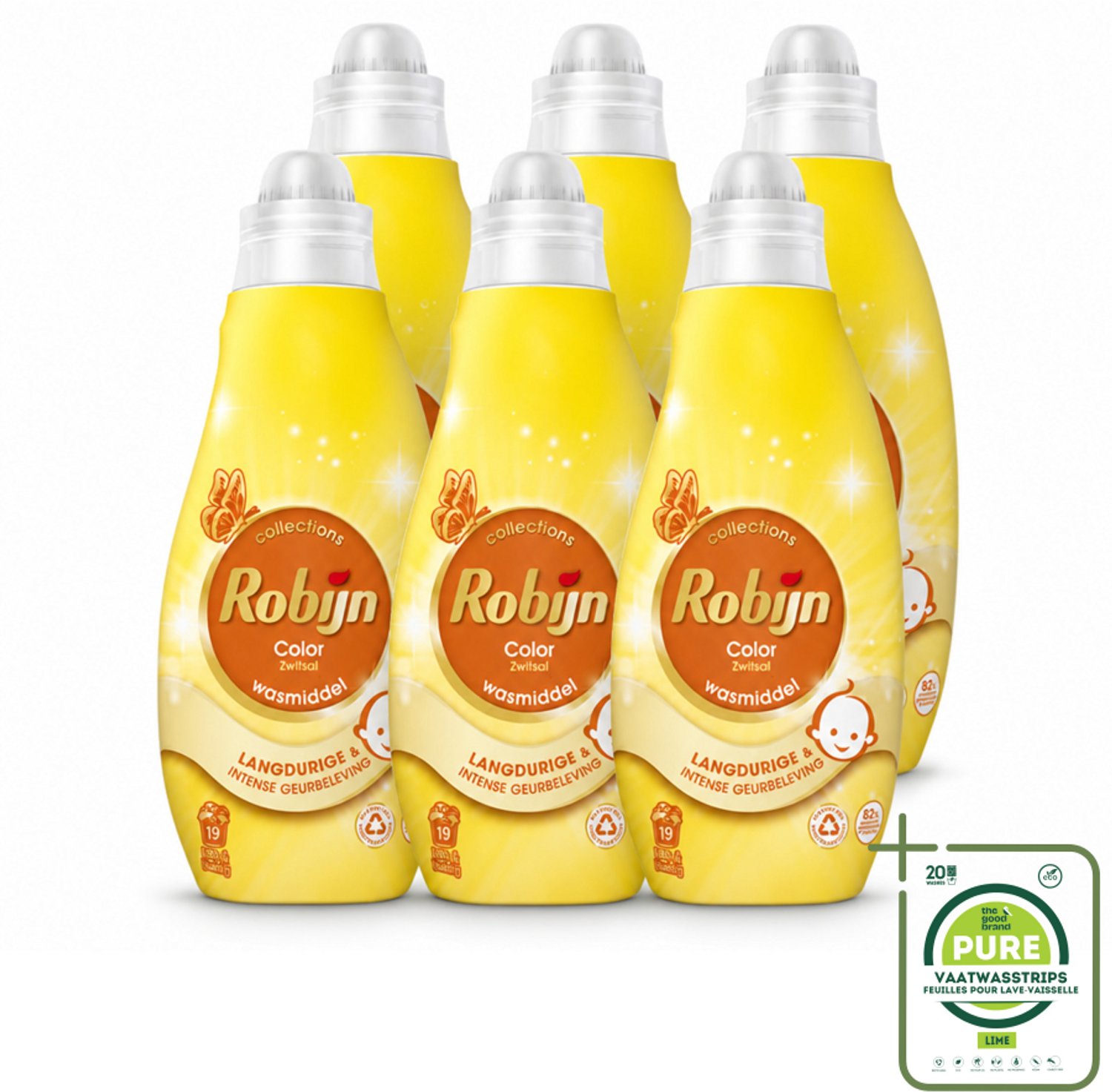 6 x Robijn - Klein & Krachtig Collections Color Zwitsal - Vloeibaar Wasmiddel - 19 Wasbeurten - Grootverpakking - Vaatwasstrips - Wasmiddel Kleurbehoud - Wasmiddel Zwitsal - Wasmiddel Bonte Was - Wasmiddel 40°C - Wasmiddel Biologisch Afbreekbaar