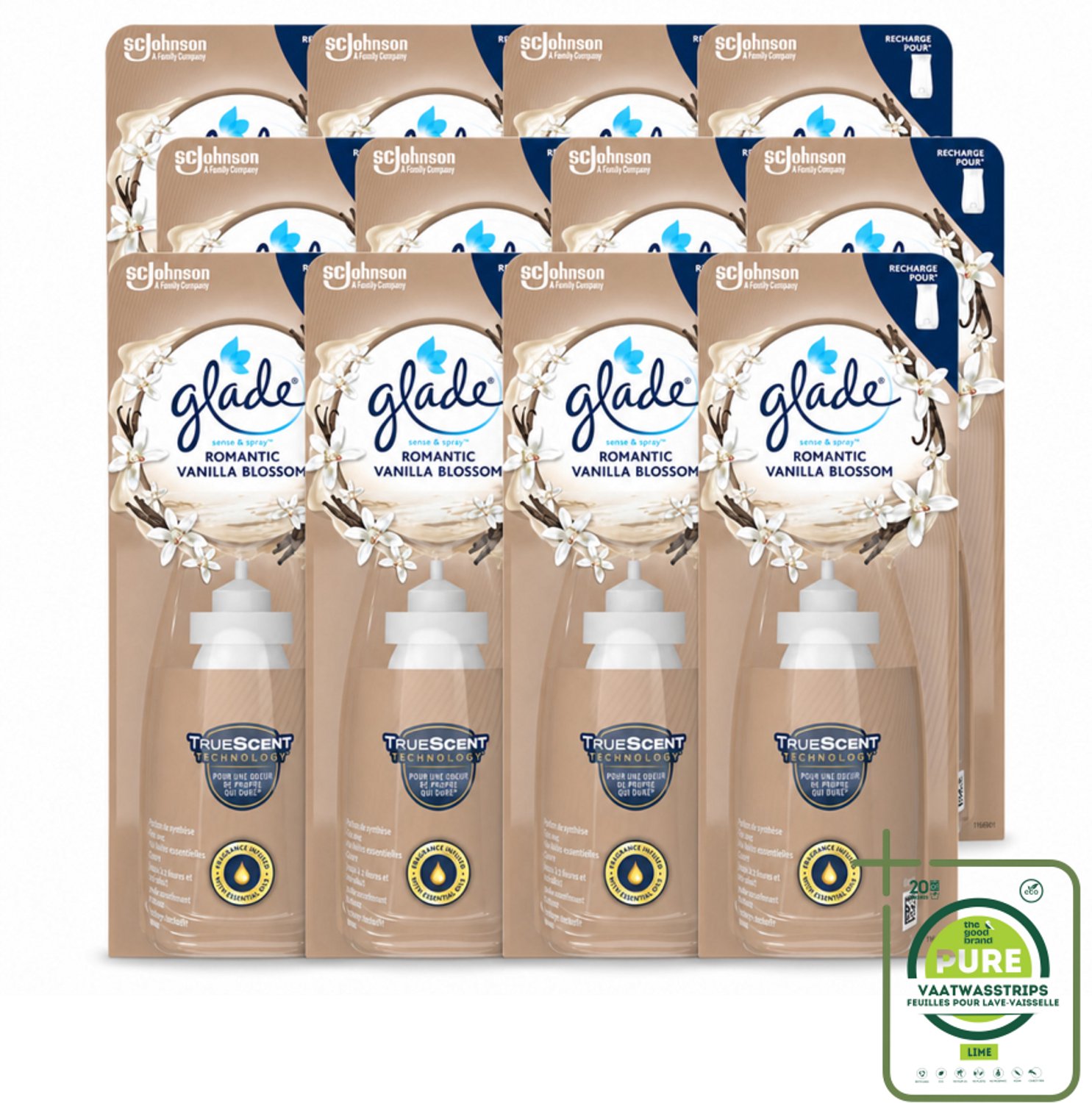 12 x Glade - Sense & Spray - Romantic Vanillebloesem - 18 ml - Grootverpakking - Vaatwasstrips - Romantische Geur - Geurafgifte - Bewegingssensor - Vanille - Orchidee