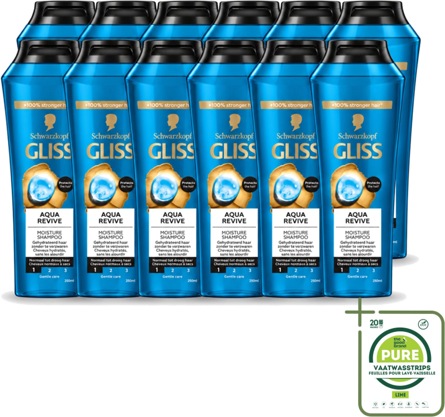 12 x Gliss - Shampoo - Aqua Revive - Voor Hydraterend en Fris Haar - 250 ml - Grootverpakking - Vaatwasstrips - Hydraterend Haar - Droog Haar - Beschadigd Haar - Haar Reinigen - Haar Verzorgen
