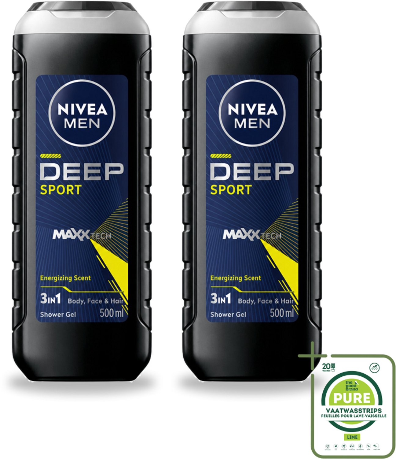 2 x NIVEA MEN - Douchegel - Deep Sport - 500 ml - Grootverpakking - Vaatwasstrips - Sportdouchegel - Mannelijke Douchegel - Diepe Reiniging - Zweet Verwijderen - Frisheid