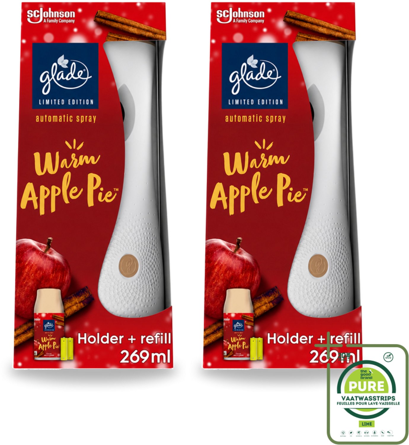 2 x Glade - Houder Automatische Spray - Warme Appeltaart Limited Edition - 269 ml - Grootverpakking - Vaatwasstrips - Warm Apple Pie Geur - Automatische Geur - Geur In Huis - Gezelligheid In Huis - Herfstgeur