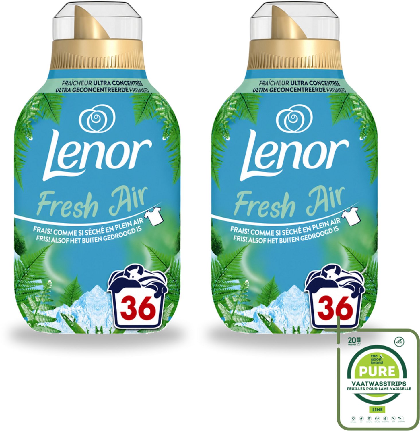 2 x Lenor - Wasverzachter - Fresh Air Noorderlicht - Ultra Geconcentreerd - 36 Wasbeurten - Grootverpakking - Vaatwasstrips - Wasverzachter - Frisheid - Citrus - Zeelucht - Boterbloem