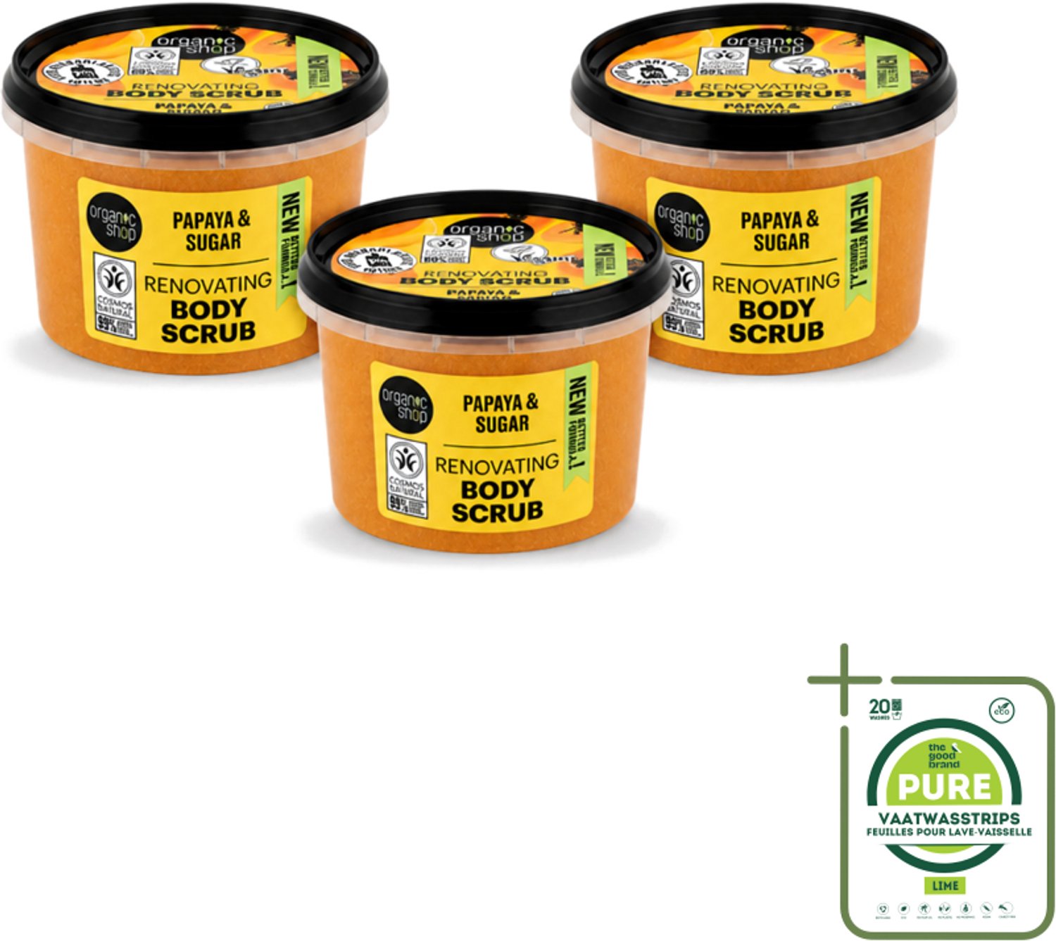 3 x Organic Shop - Body Scrub Papaya - Exfoliërend en Hydraterend - 250 ml - Grootverpakking - Vaatwasstrips - Bodyscrub Papaya - Exfoliatie Huid - Natuurlijke Huidverzorging - Huidhydratatie - Papaya Enzymen