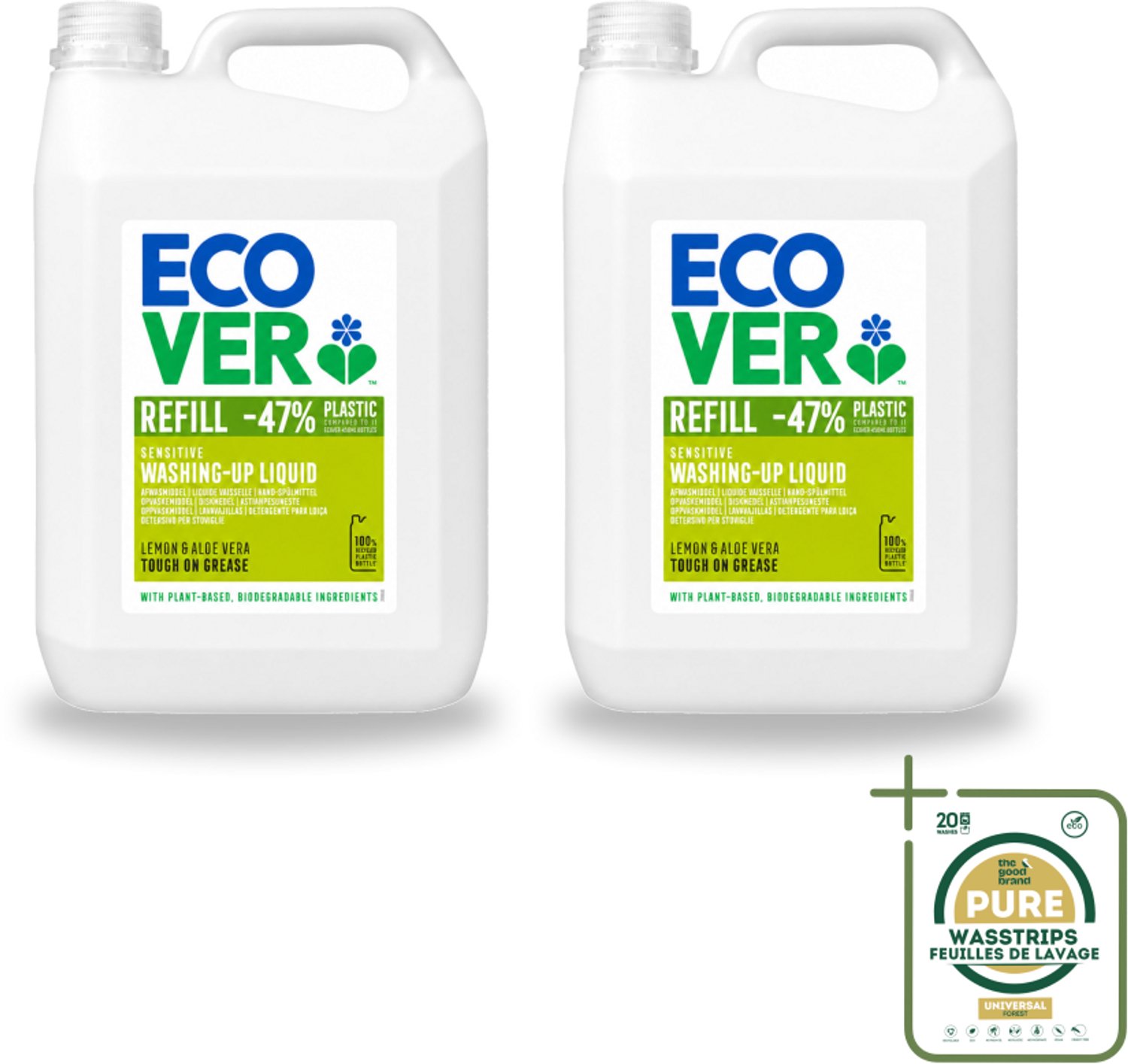 2 x Ecover - Afwasmiddel - Citroen & Aloë Vera - 5 liter - Wasstrips - Ecover Afwasmiddel - Plantaardig Afwasmiddel - Afwasmiddel Citroen Aloë Vera - Duurzame Afwas - Afwas Zonder Plastic