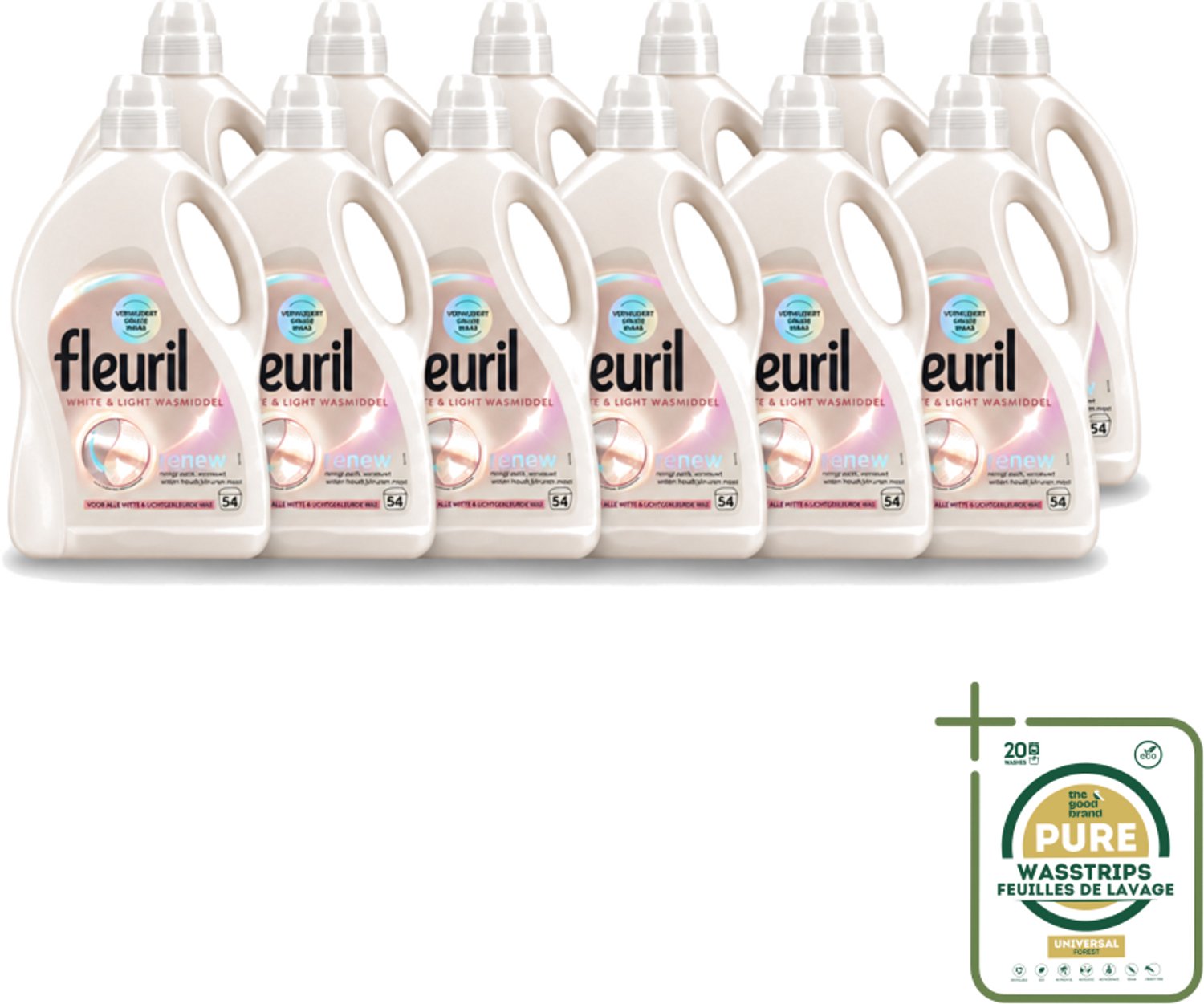12 x Fleuril - Wasmiddel - White & Light Vloeibaar Wasmiddel - Witte & Lichte Was - 54 wasbeurten - Wasstrips - Wit Wasmiddel - Lichte Was - Fleuril White & Light - Wasmiddel Voor Witte Kleding - Wasmiddel Voor Lichte Kleding