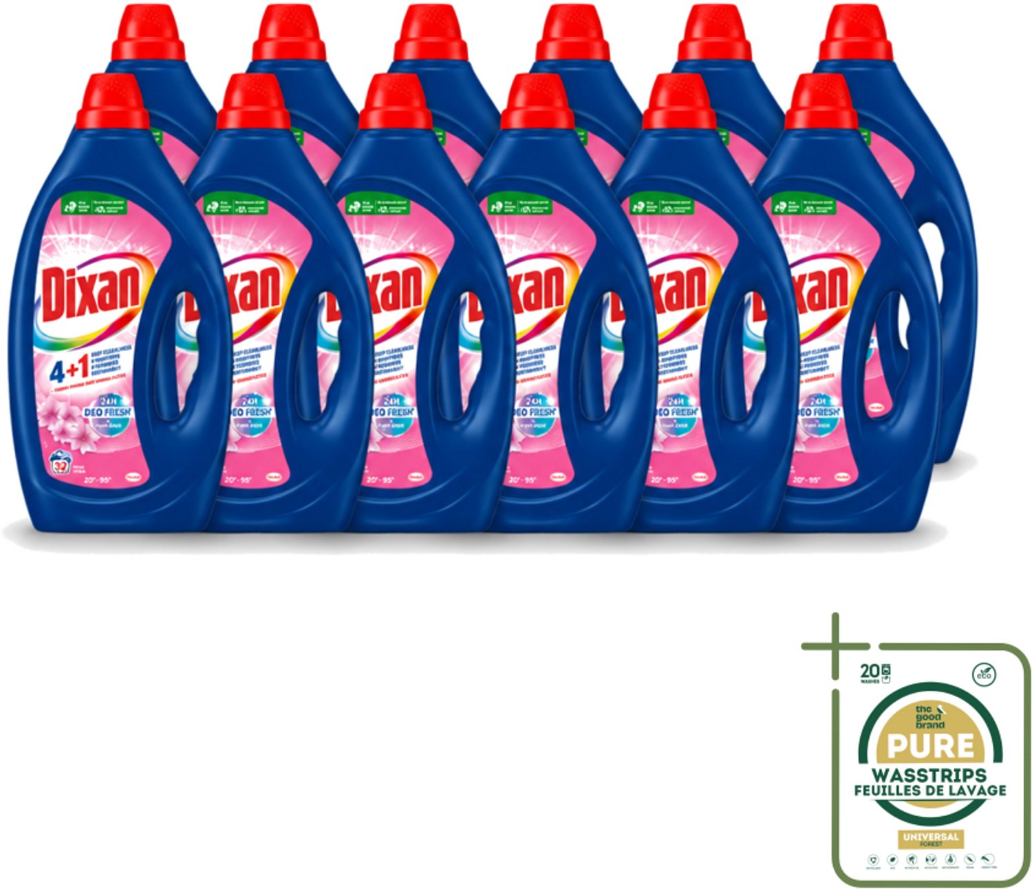 12 x Dixan - Vloeibaar wasmiddel - Fresh Pink - 32 wasbeurten - Wasstrips - Wasmiddel - Vloeibaar Wasmiddel - Frisheid - Anti-geur - Wasgeur