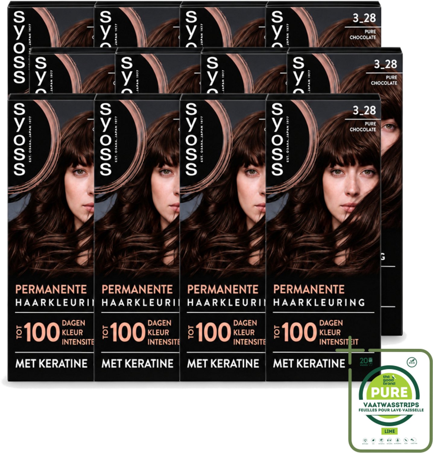 12 x SYOSS - Coloration 3-28 Pure Chocolade - Haarverf - Grijsdekking - Vermindert Haarbreuk - Grootverpakking - Vaatwasstrips - Haarkleur - Permanente Haarkleur - Grijsdekking - Keratine - Haarkleur Intensiteit