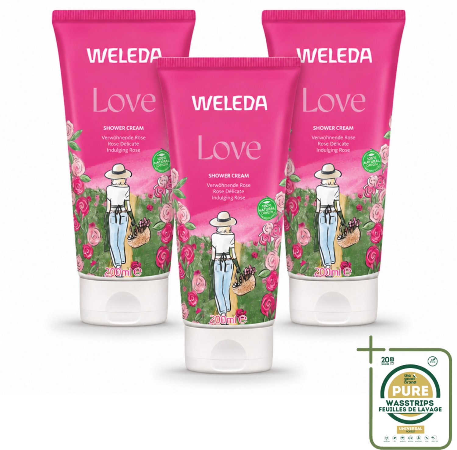 3 x WELEDA - Douchecrème Aroma Shower Love - 200 ml - Wasstrips - Douchecrème - Aromatherapie - Natuurlijke Douchecrème - Liefdevolle Geur - Wellness Douche