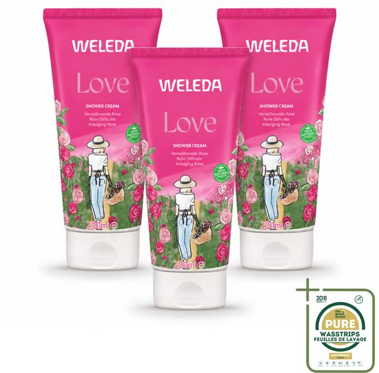 WELEDA Love douchecrème 200ml met rozenafbeelding en illustration van een vrouw met hoed en mand.