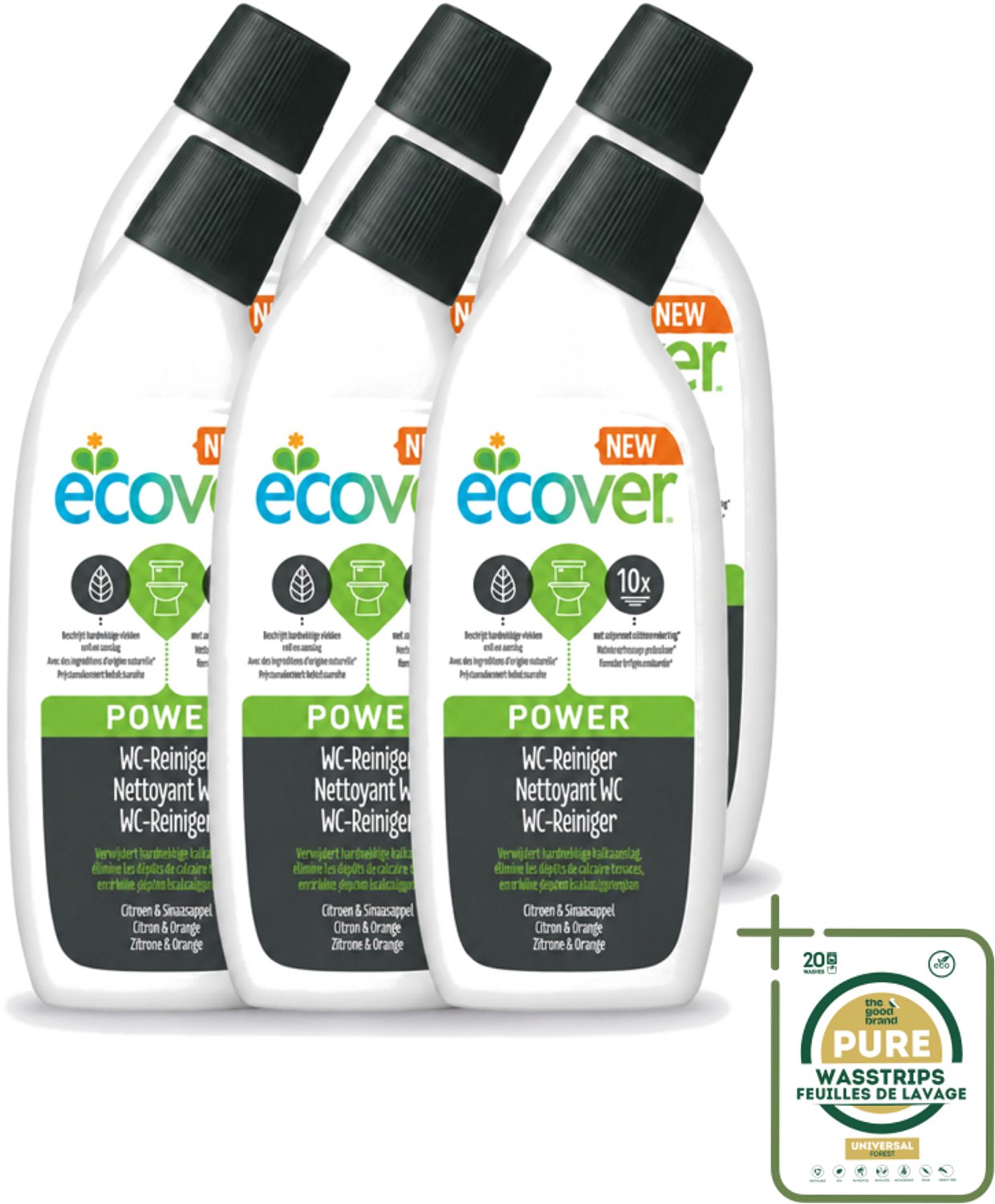6 x Ecover - Toiletreiniger Power - 750 ml - Wasstrips - Toiletreiniger - Kalkaanslag - Ecologische Toiletreiniger - Krachtige Toiletreiniger - Plantaardige Toiletreiniger