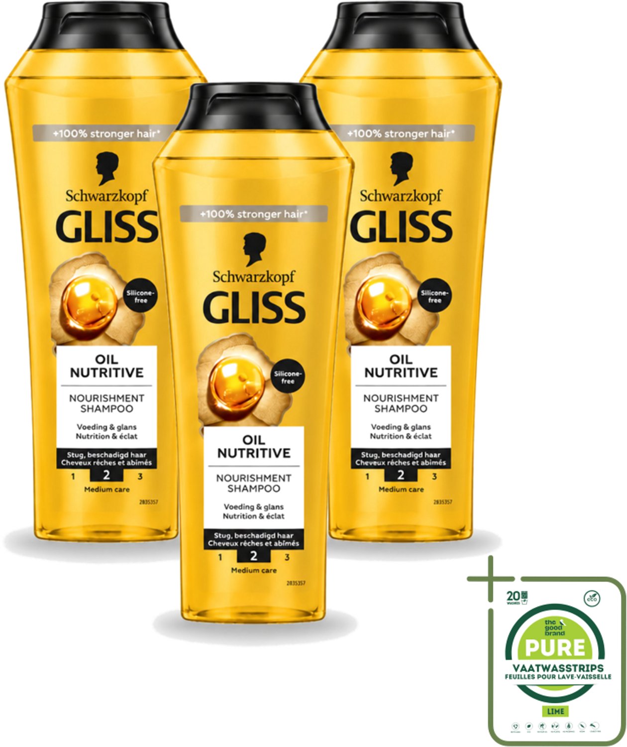 3 x Gliss - Shampoo - Oil Nutritive - Voor Voedend en Zijdezacht Haar - 250 ml - Grootverpakking - Vaatwasstrips - Voedend Haarverzorging - Lang Haar - Droog Haar - Gespleten Haarpunten - Haar Verzorging