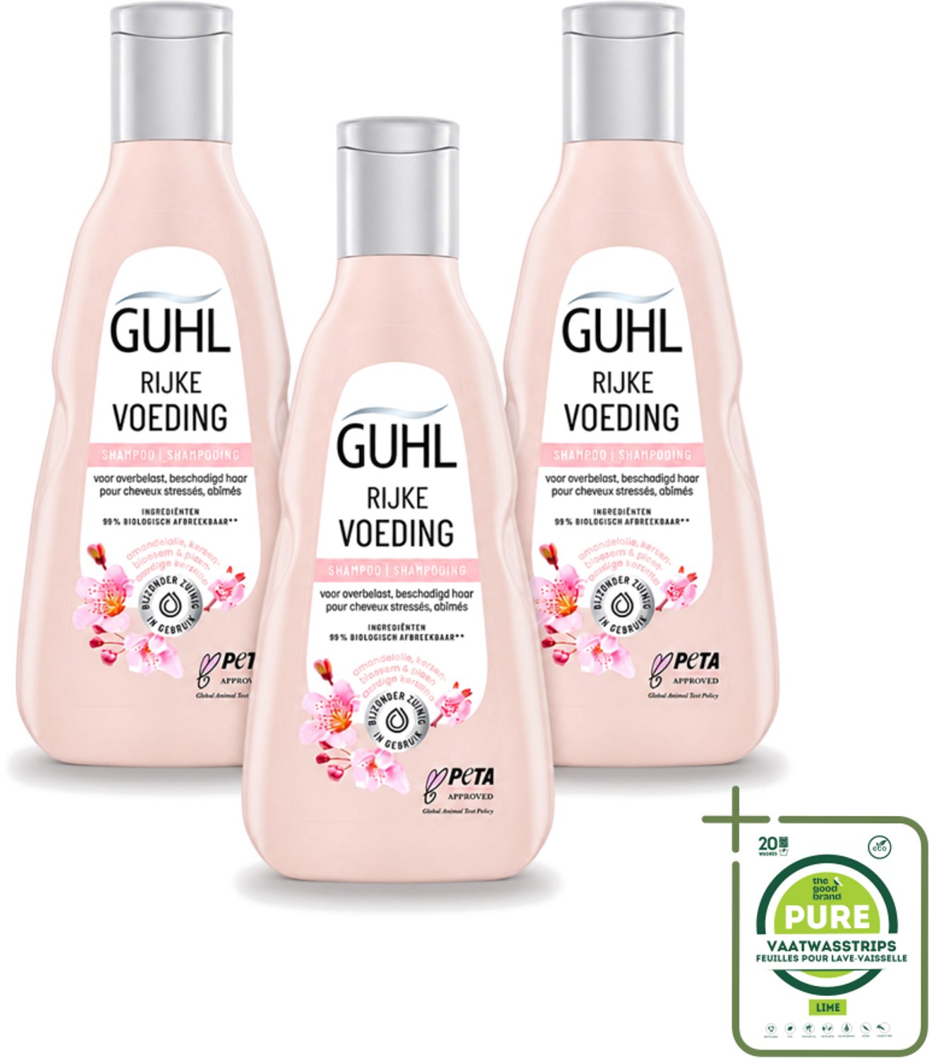 3 x Guhl - Shampoo - Rijke Voeding - 250 ml - Grootverpakking - Vaatwasstrips - Voedend Haarshampoo - Droog Haar - Uitgedroogd Haar - Haar Verzorging - Amandelolie