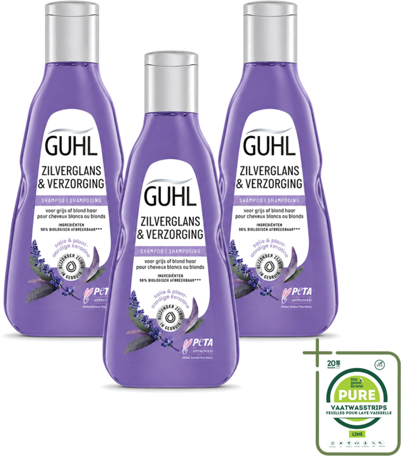 3 x Guhl - Shampoo - Zilverglans & Verzorging - 250 ml - Grootverpakking - Vaatwasstrips - Zilverglans Shampoo - Anti-geel Effect - Grijs Haar Verzorging - Blond Haar Verzorging - Haarkleur Verlichten