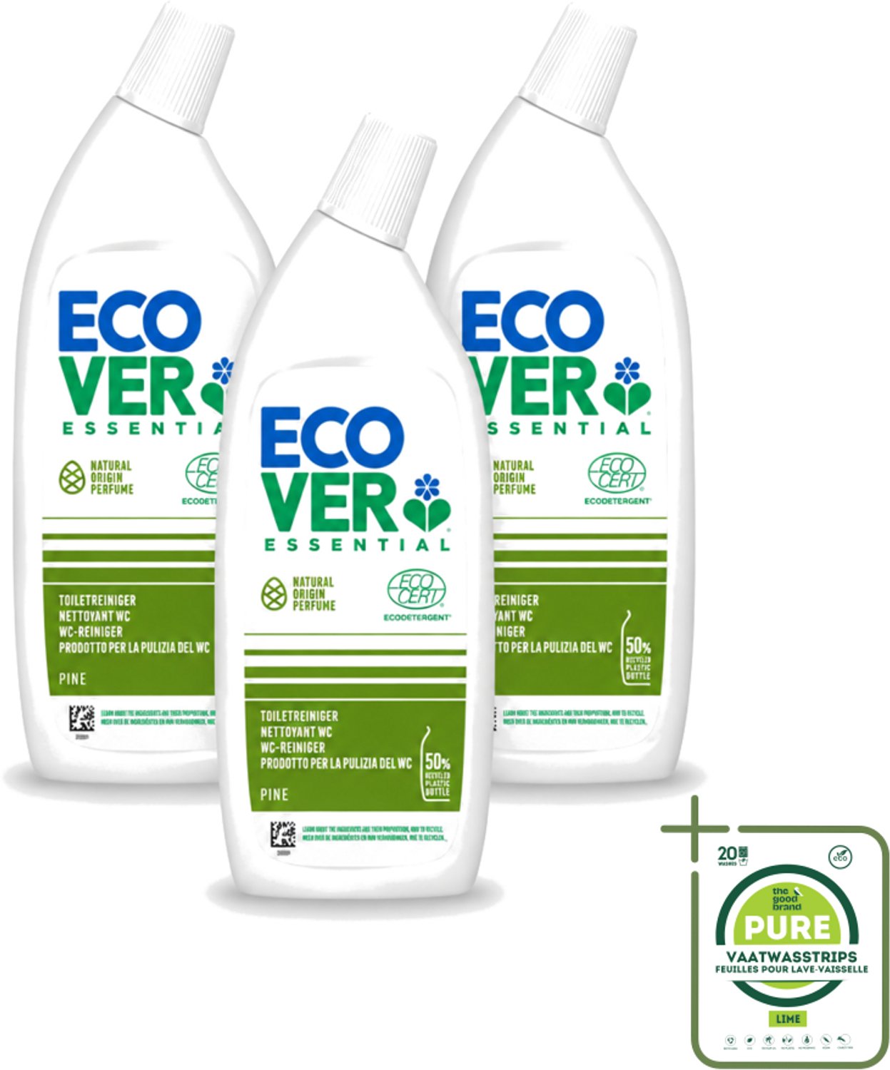 3 x Ecover - Toiletreiniger Essential - Dennenfris - 750 ml - Grootverpakking - Vaatwasstrips - Toiletreiniger - Natuurlijke Reiniging - Kalkverwijdering - Fris Geur - Dennenaroma