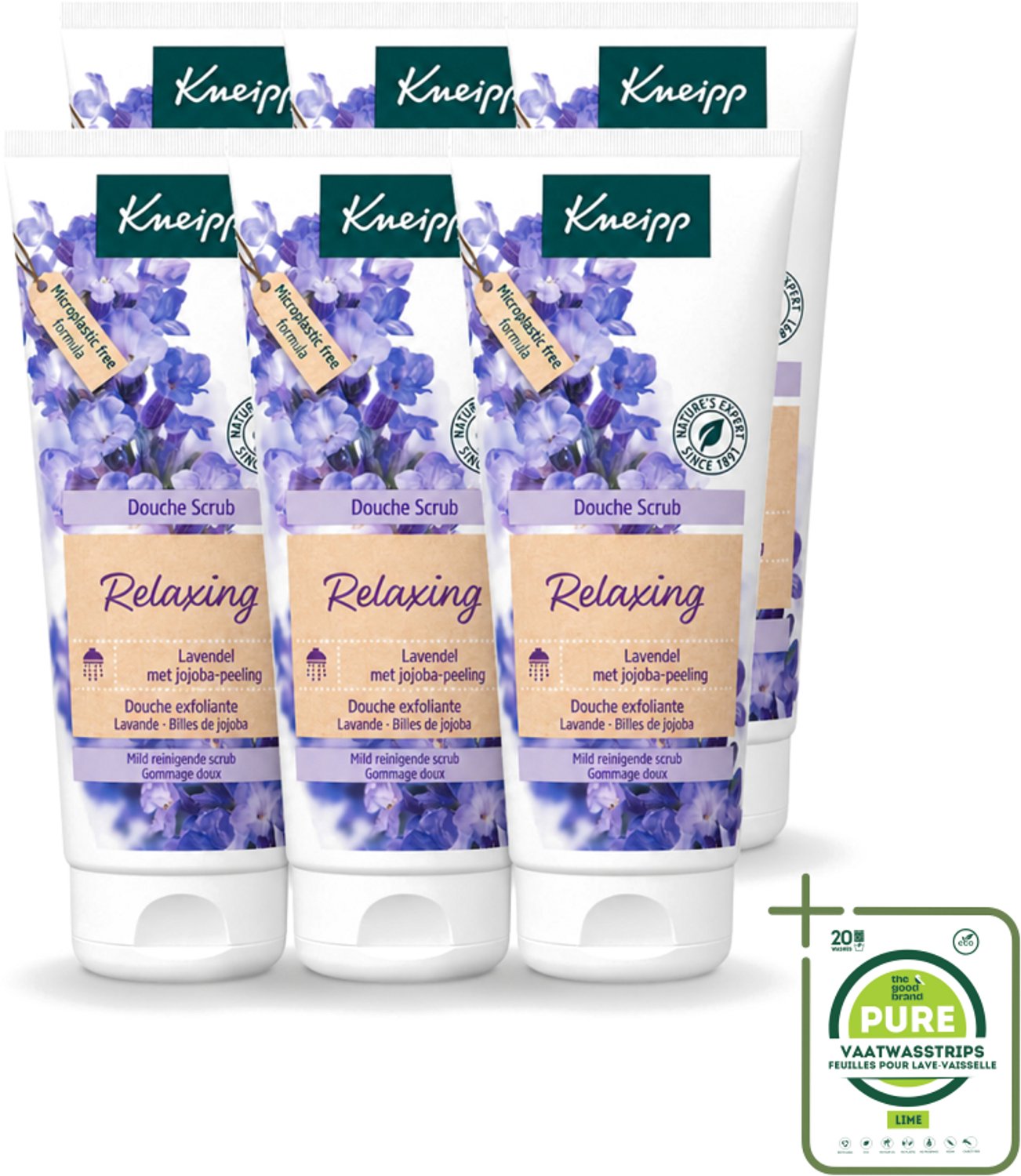 6 x Kneipp - Douche scrub - Relaxing - Lavendel - Bloemige geur - 200 ml - Grootverpakking - Vaatwasstrips - Douche Scrub - Ontspanning - Lavendel - Huidverzorging - Exfoliatie
