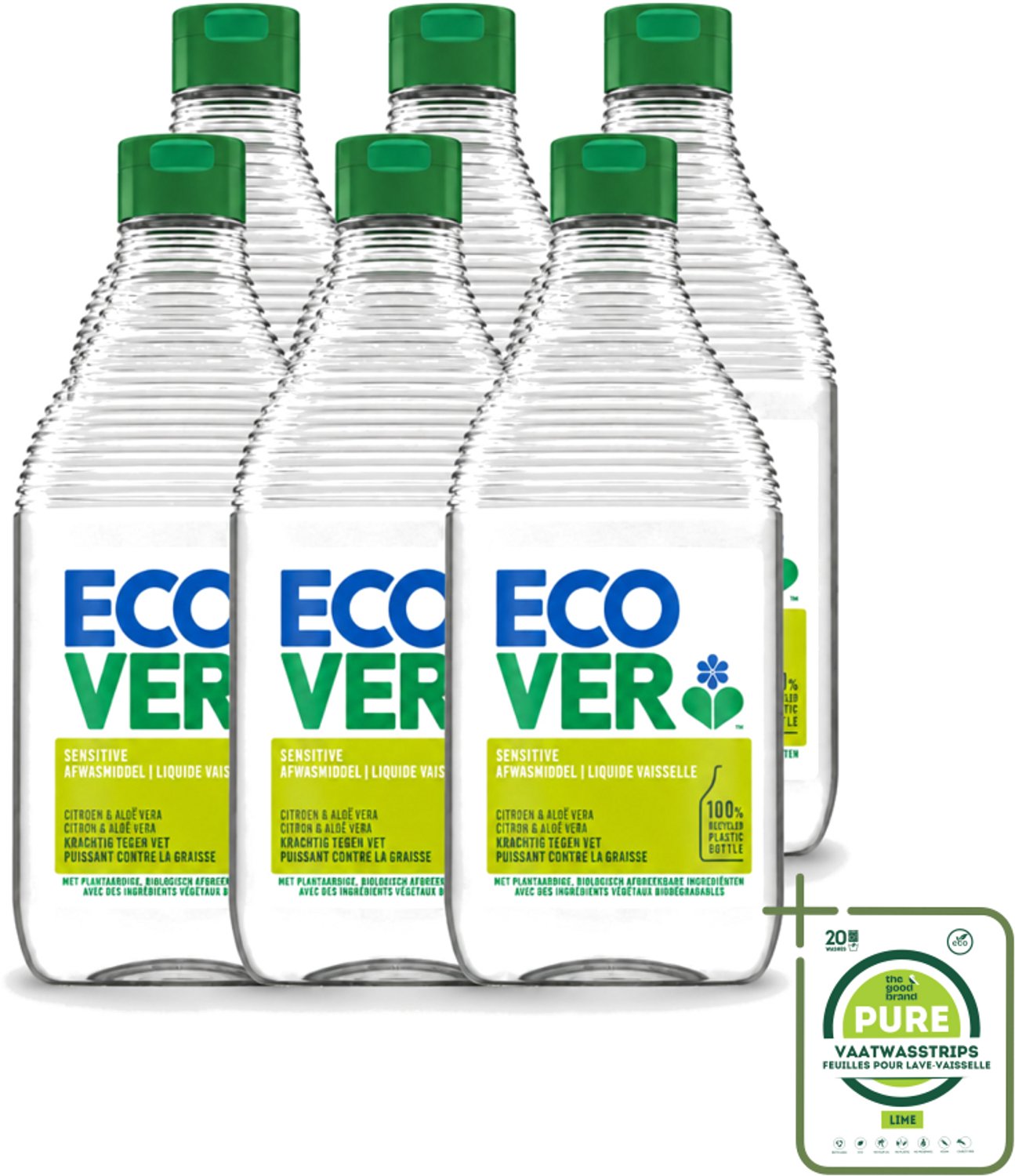 6 x Ecover - Afwasmiddel - Citroen & Aloë Vera - 450 ml - Grootverpakking - Vaatwasstrips - Afwasmiddel Citroen Aloë Vera - Milieuvriendelijk Afwassen - Plantaardig Afwasmiddel - Fris Afwassen - Huidvriendelijk Afwasmiddel