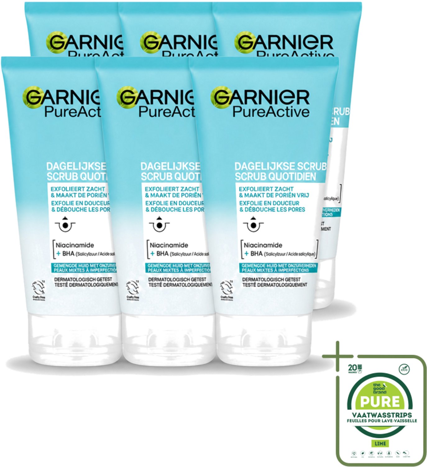 6 x Garnier - Pure Active - Dagelijkse Scrub - Niacinamide & BHA - Exfolieert & Reinigt Poriën - 150 ml - Grootverpakking - Vaatwasstrips - Exfoliatie - Reinigen - Poriën Reinigen - Mee-eters Verwijderen - Huid Reinigen