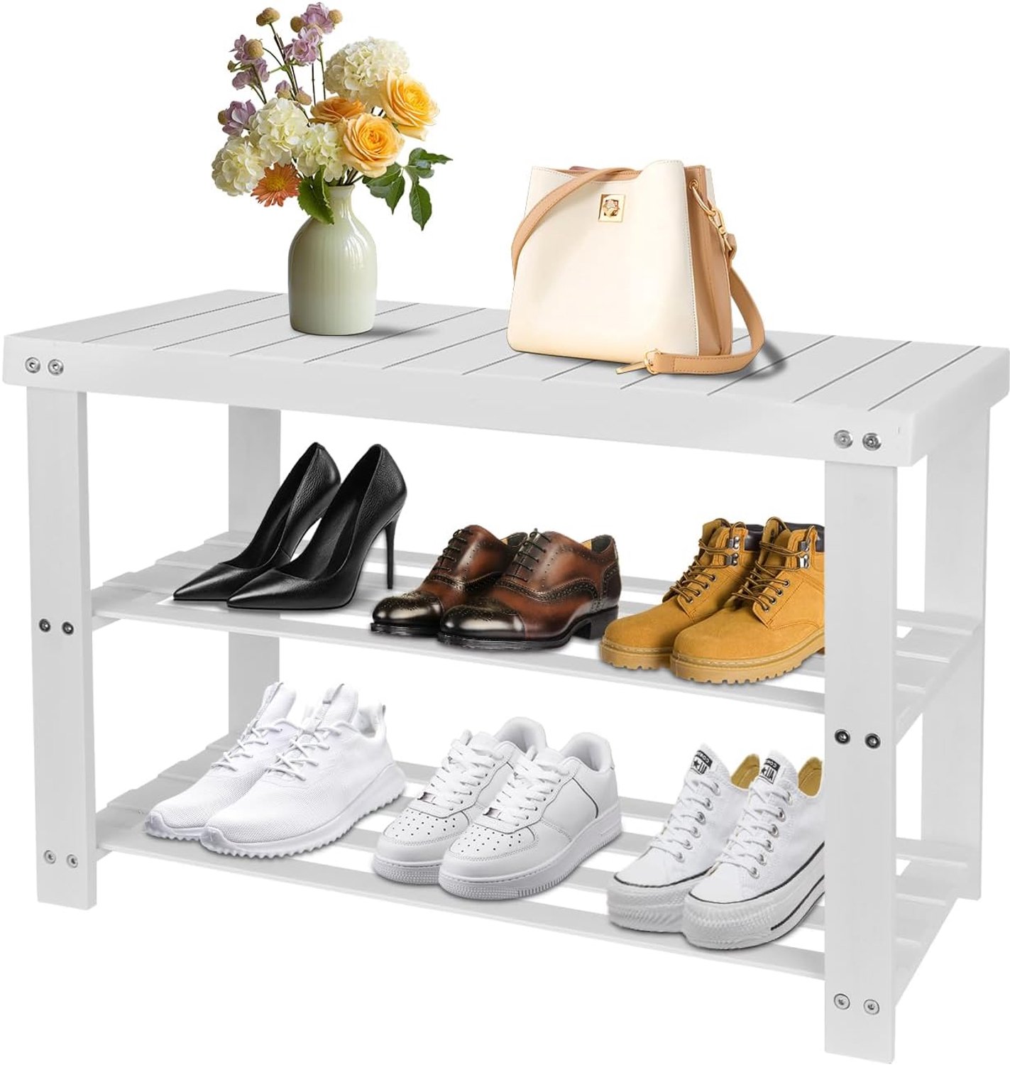 Supfine Schoenenrek met zitvlak, hout, schoenenbank met 3 planken, schoenenbank van bamboe, 70 cm breed, schoenenkast met zitbank voor hal, woonkamer, garderobe, badkamer, hal (wit)
