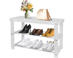 Supfine Schoenenrek met zitvlak, hout, schoenenbank met 3 planken, schoenenbank van bamboe, 70 cm breed, schoenenkast met zitbank voor hal, woonkamer, garderobe, badkamer, hal (wit)