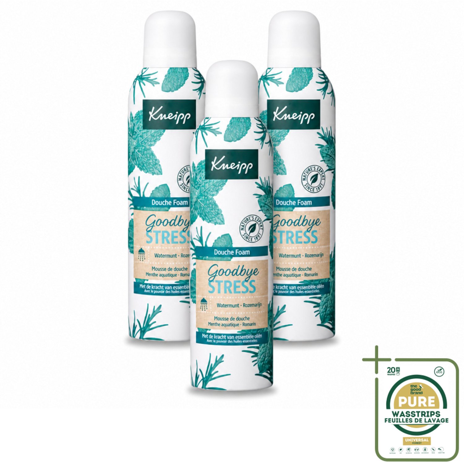 3 x Kneipp - Douche schuim - Goodbye Stress - Watermunt & Rozemarijn - 200 ml - Wasstrips - Douche Schuim - Stress Verlichten - Natuurlijke Geur - Verfrissend Schuim - Huid Verzorging