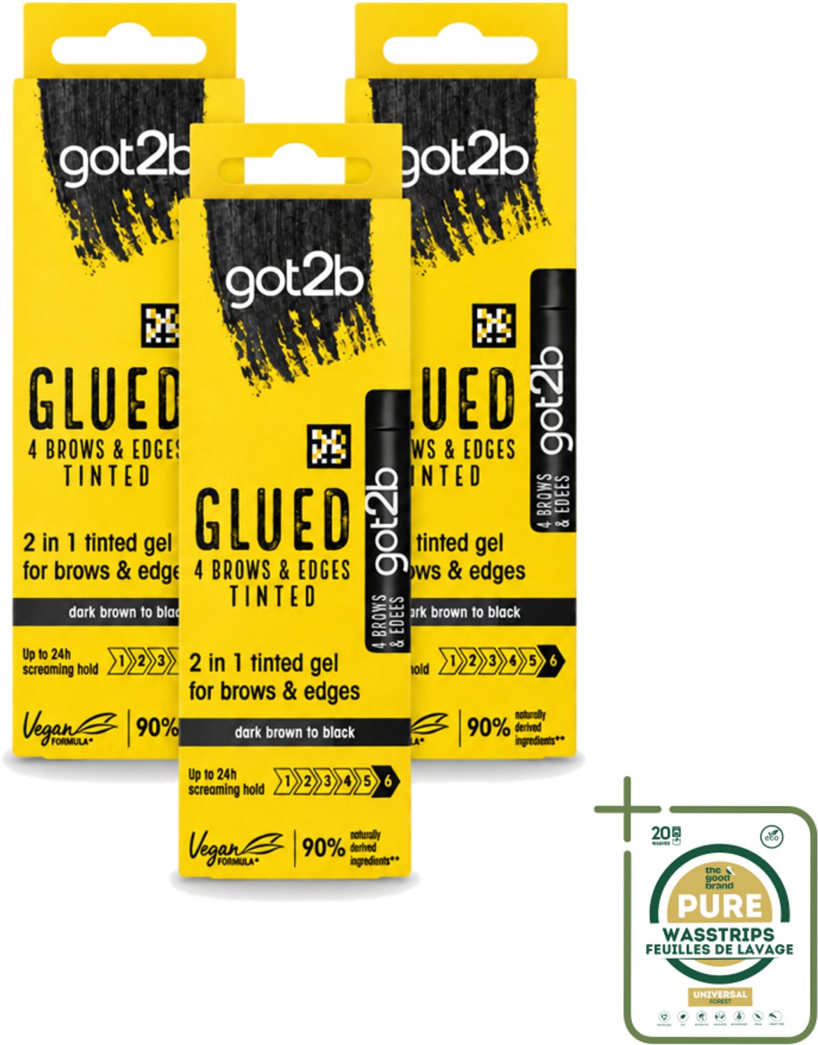 3 x Got2B - 2-in-1 Gel - Brows & Edges Zwart - 16 ml - Wasstrips - Wenkbrauwen En Haarranden - Gestylde Brows - Haarranden - Gel Voor Brows - Gel Voor Edges