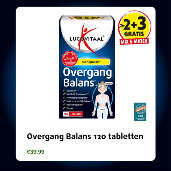 Verpakking Lucovitaal Overgang Balans met "2+3 GRATIS" en "Mix & Match" sticker, met tekst "Overgang Balans 120 tabletten".