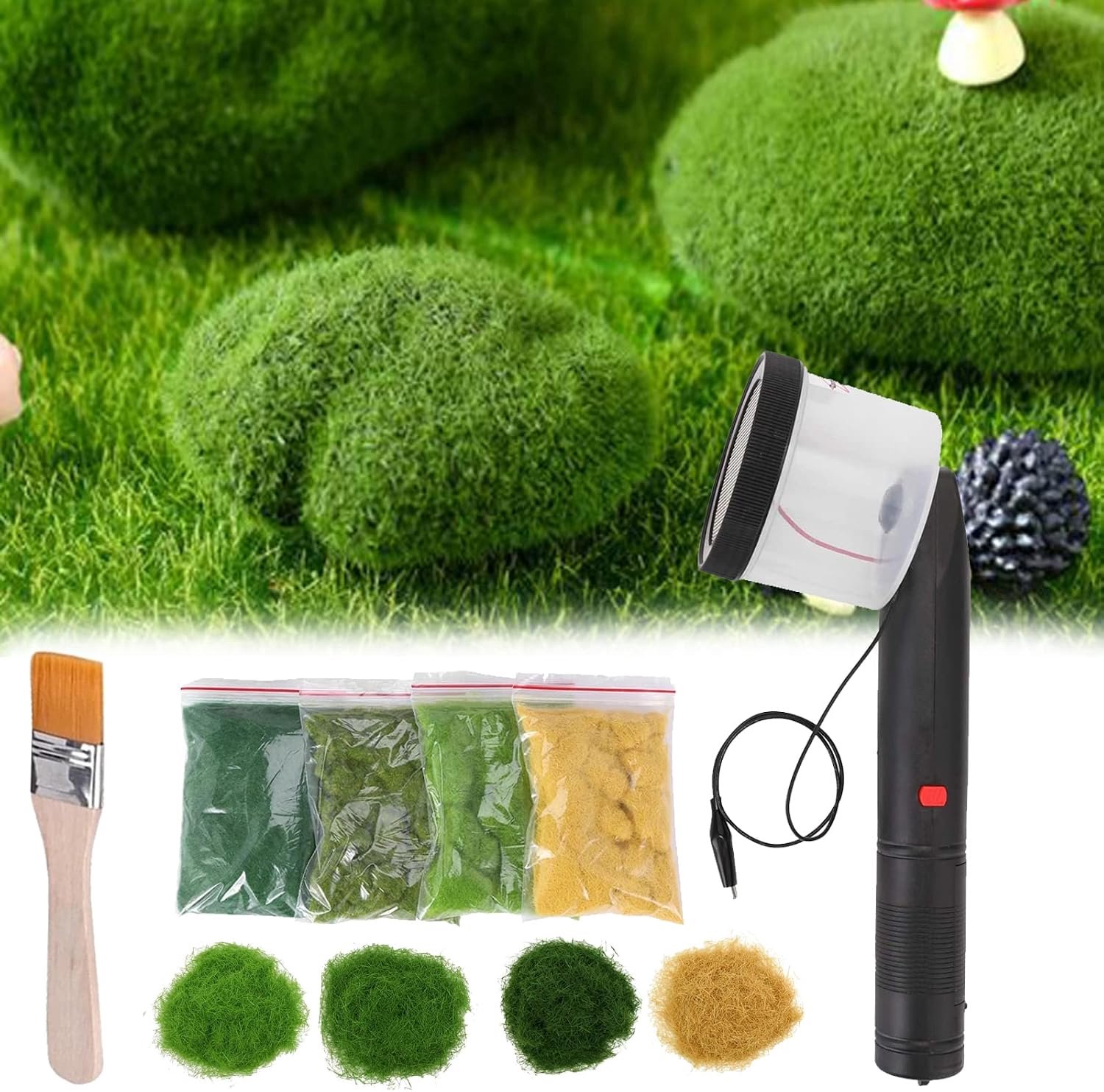 Mocoli Mini-statisch graspose, vier kleuren, 4 stuks, mini-bevlokkingsmachine, applicator, ABS-applicator met antislip handgreep, voor doe-het-zelf landschapsmodellering, zandtafel