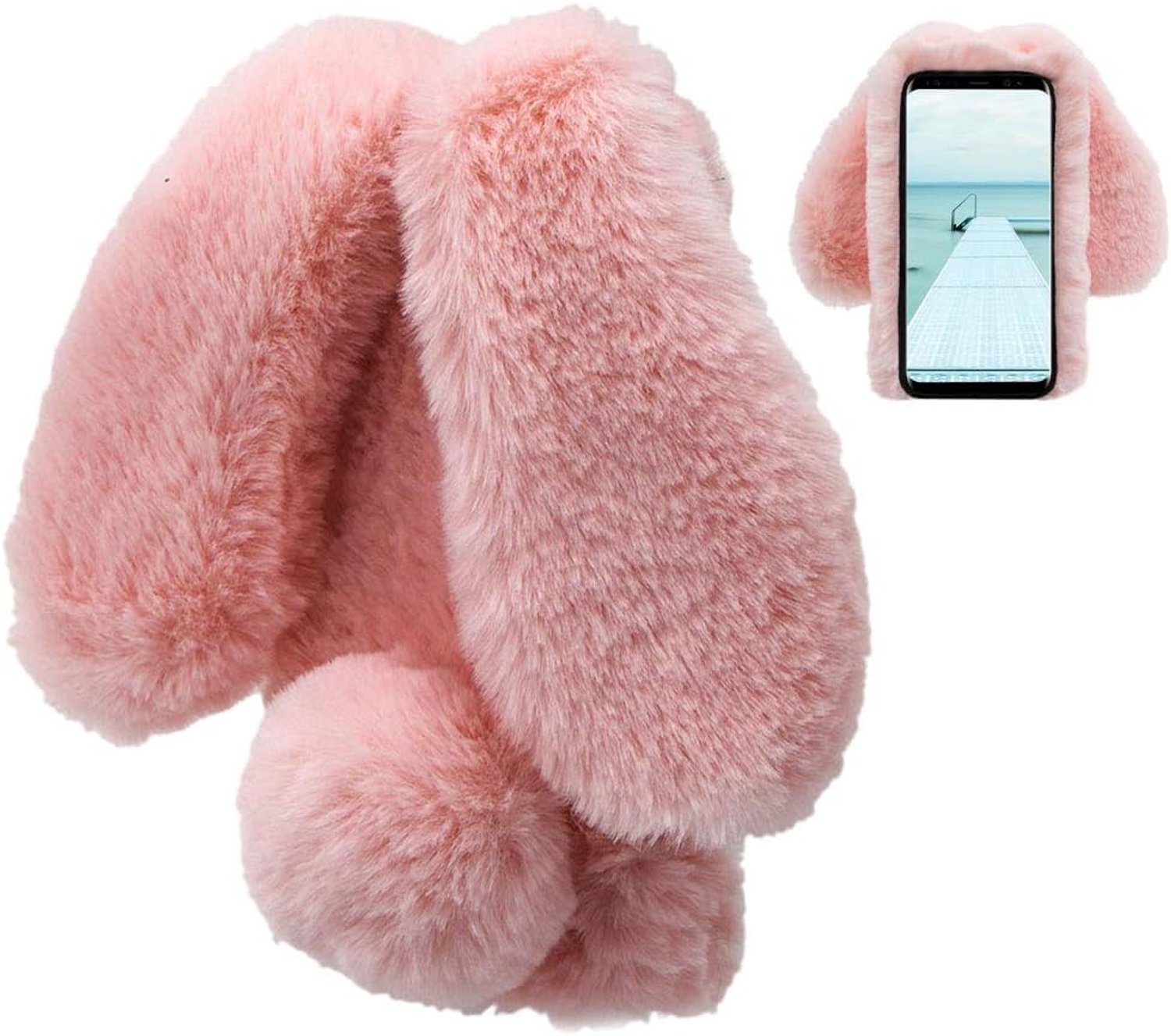 Beschermhoes voor Samsung Galaxy S9, haas, S9, pluche, bont, roze, schattig, Kawaii 3D-oor, beschermhoes, winter, warm, zacht, harig, patroon, zacht, siliconen, schokbestendig, stofdicht, onbreekbaar