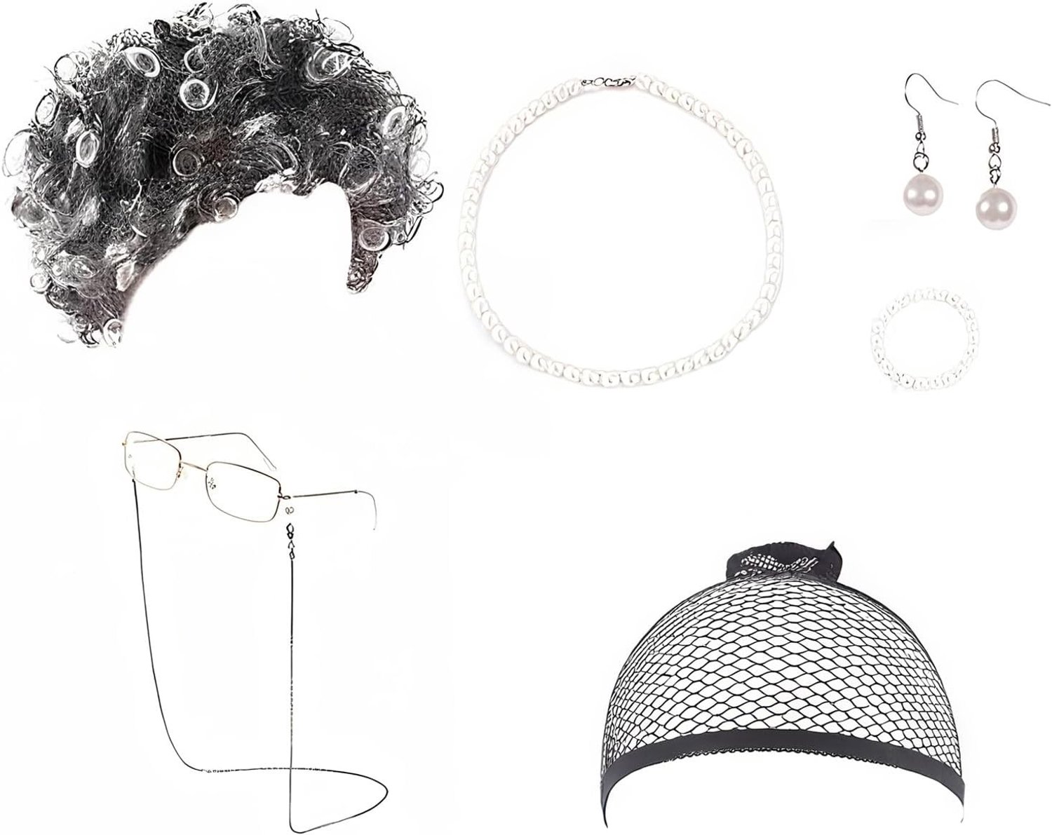 7-delige Kostuumset voor Oude Dame, Grijze Peruk, Geschikt voor Carnaval en Rollenspel, Inclusief Accessoires en Kleding