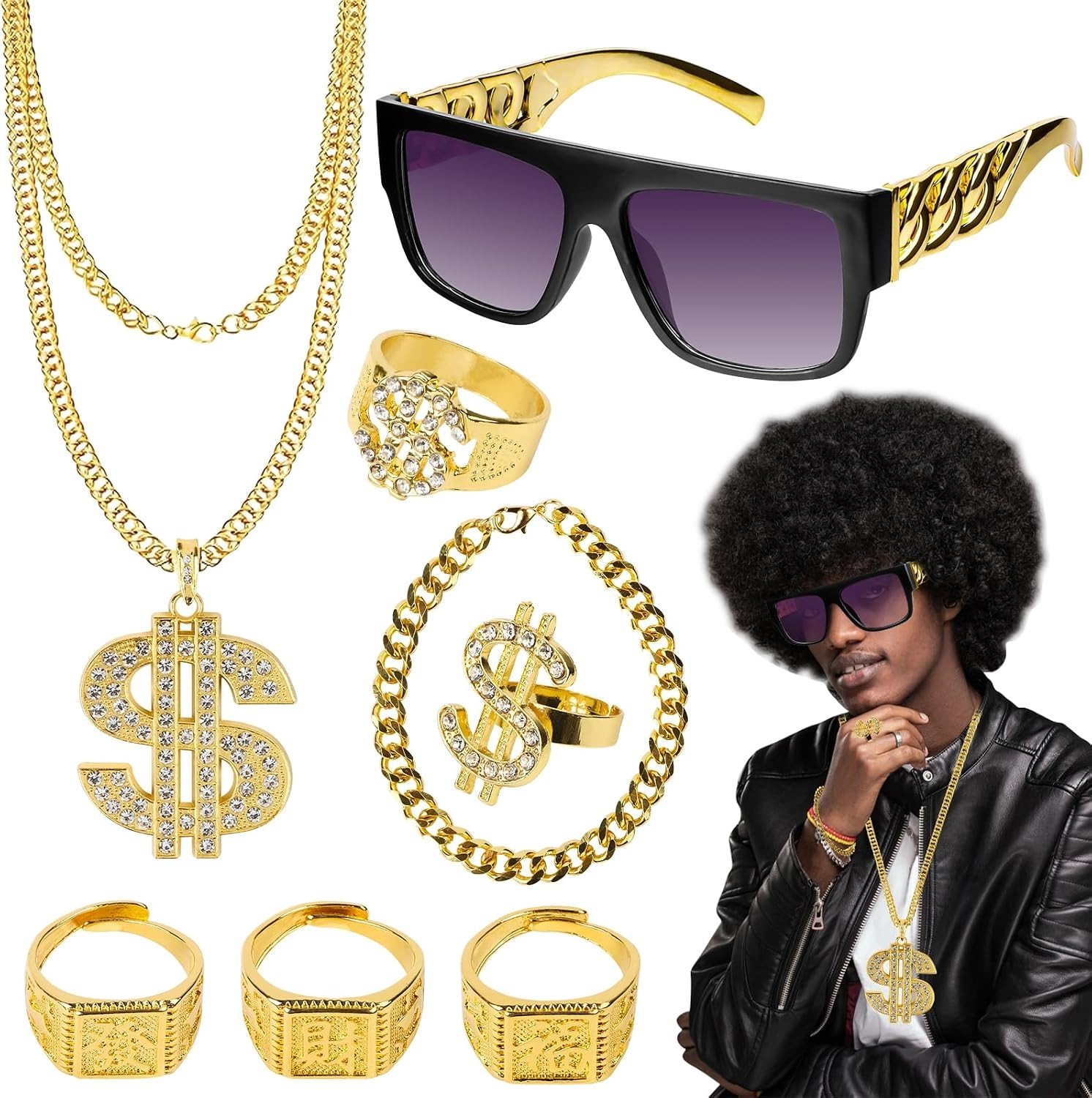 Carnaval Kostuum Accessoires Set met Gouden Ketting, Zonnebril, Armband en Ringen voor 80s en 90s Themafeest