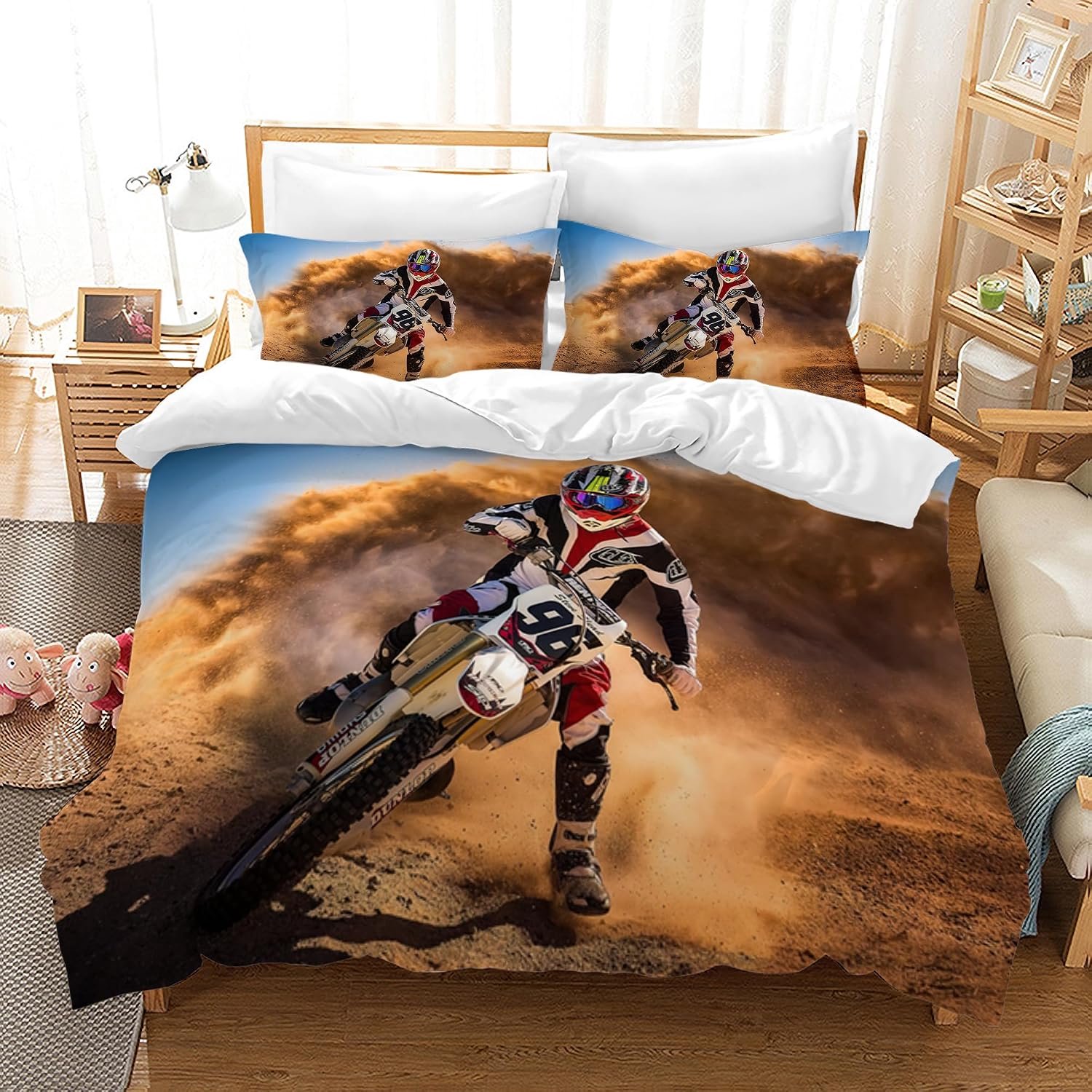 Motorcycle Beddengoedset Tieners Cool Motorfiets bestuurder beddenset voor kinderen jongens motocross thema dekbedovertrek set, microvezel 3-delig met kussensloop (135 x 200 cm, motorfiets B)