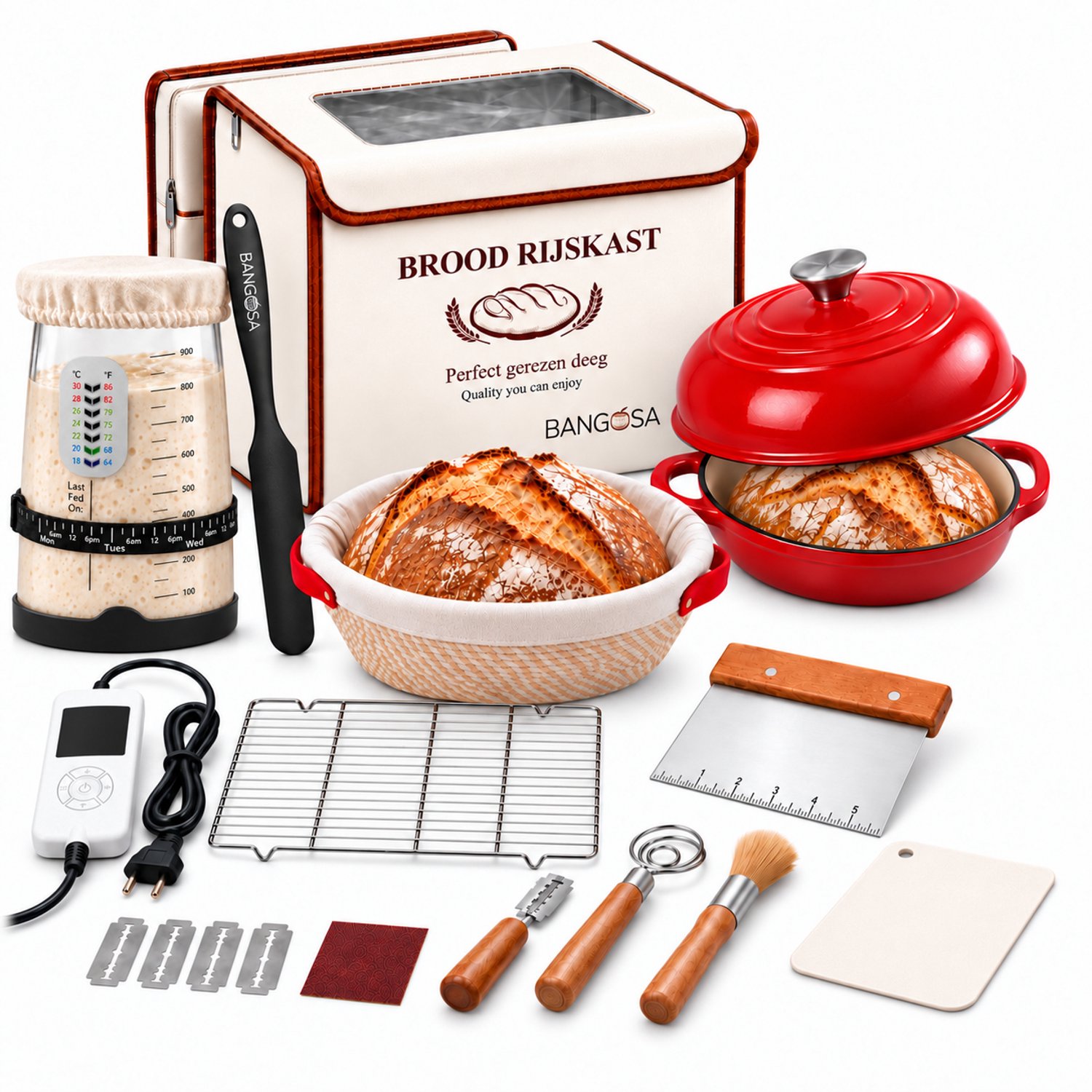 Bangosa Zuurdesem Starter Set Compleet – Broodbakset met Elektrische Rijskast, Broodpan Gietijzer 5,7L Dutch Oven, Banneton Rijsmand, Fermentatiepot & Deeggereedschap